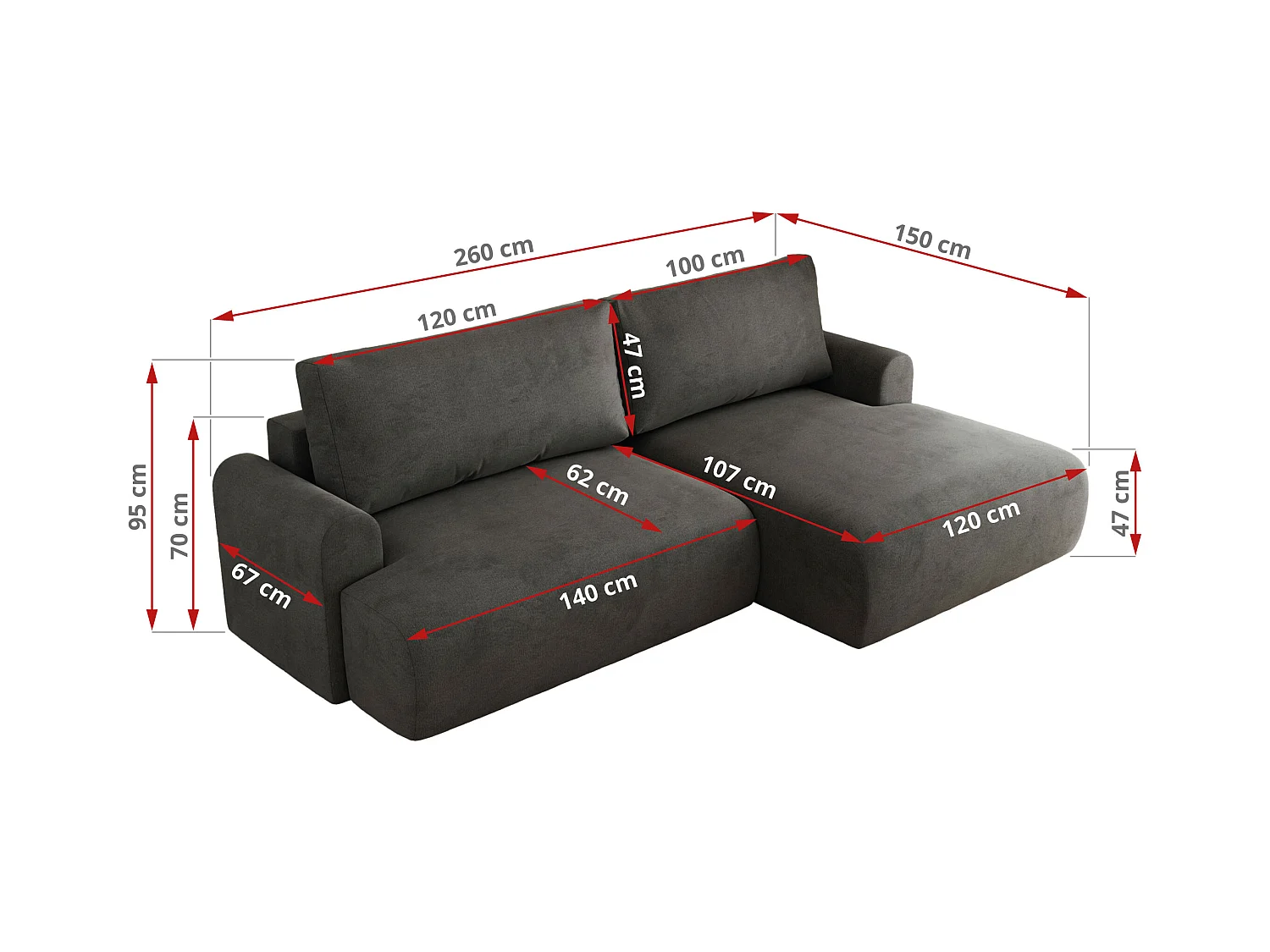 Ecksofa TONO - mit Schlaffunktion und Bettkasten, L-form Ecke, Armlehnen - Dunkelgrau Velvet - Ecke Rechts