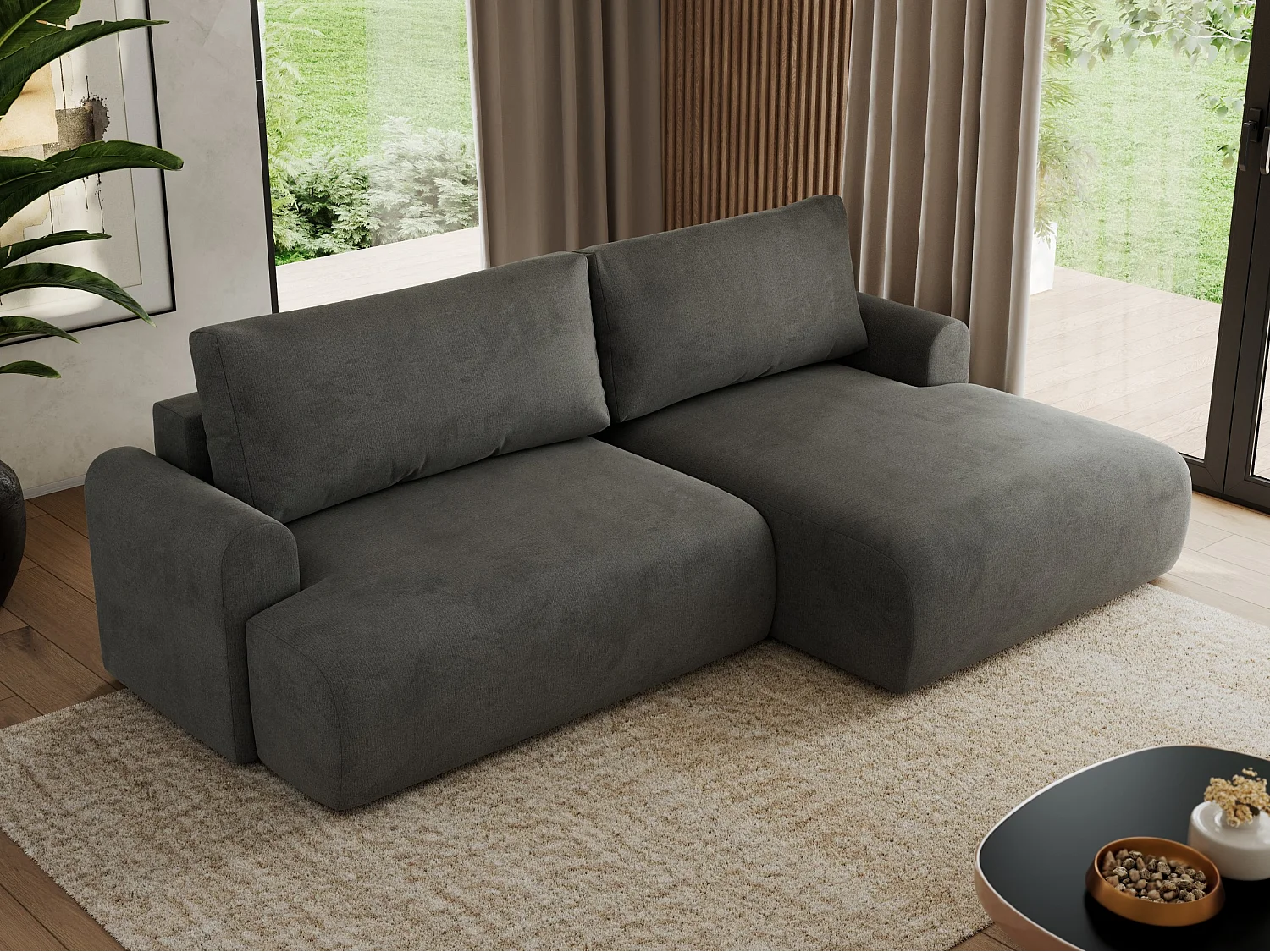 Ecksofa TONO - mit Schlaffunktion und Bettkasten, L-form Ecke, Armlehnen - Dunkelgrau Velvet - Ecke Rechts