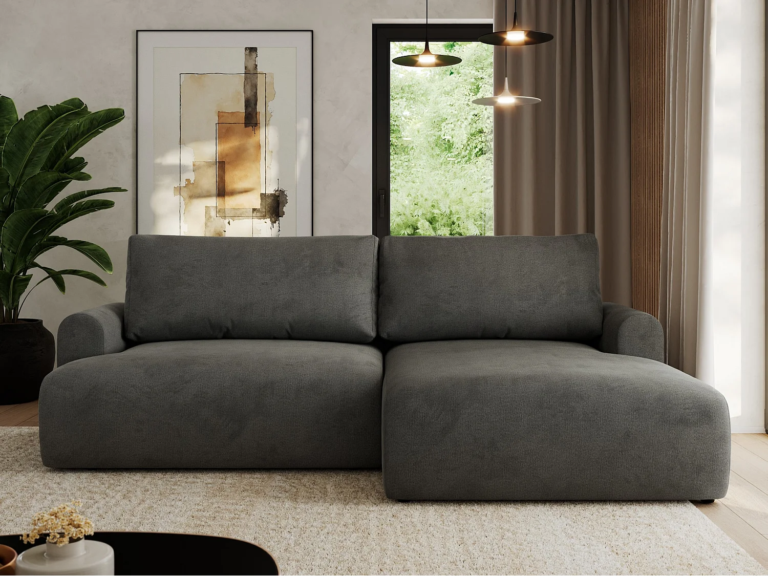 Ecksofa TONO - mit Schlaffunktion und Bettkasten, L-form Ecke, Armlehnen - Dunkelgrau Velvet - Ecke Rechts