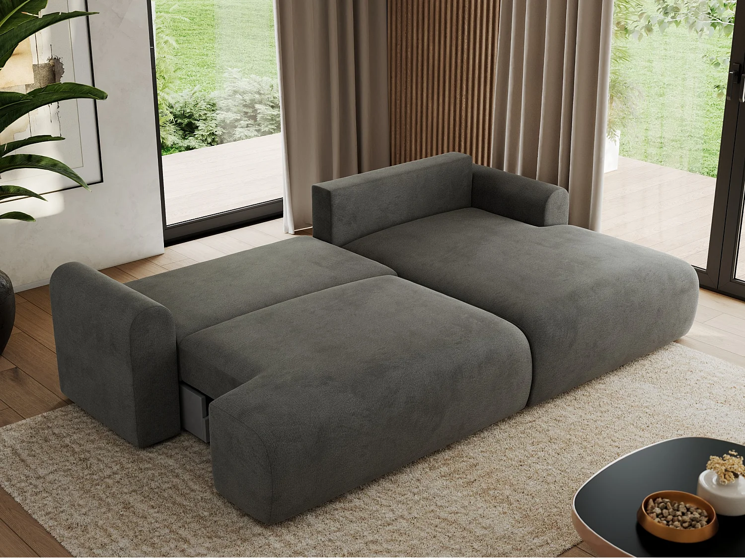 Ecksofa TONO - mit Schlaffunktion und Bettkasten, L-form Ecke, Armlehnen - Dunkelgrau Velvet - Ecke Rechts