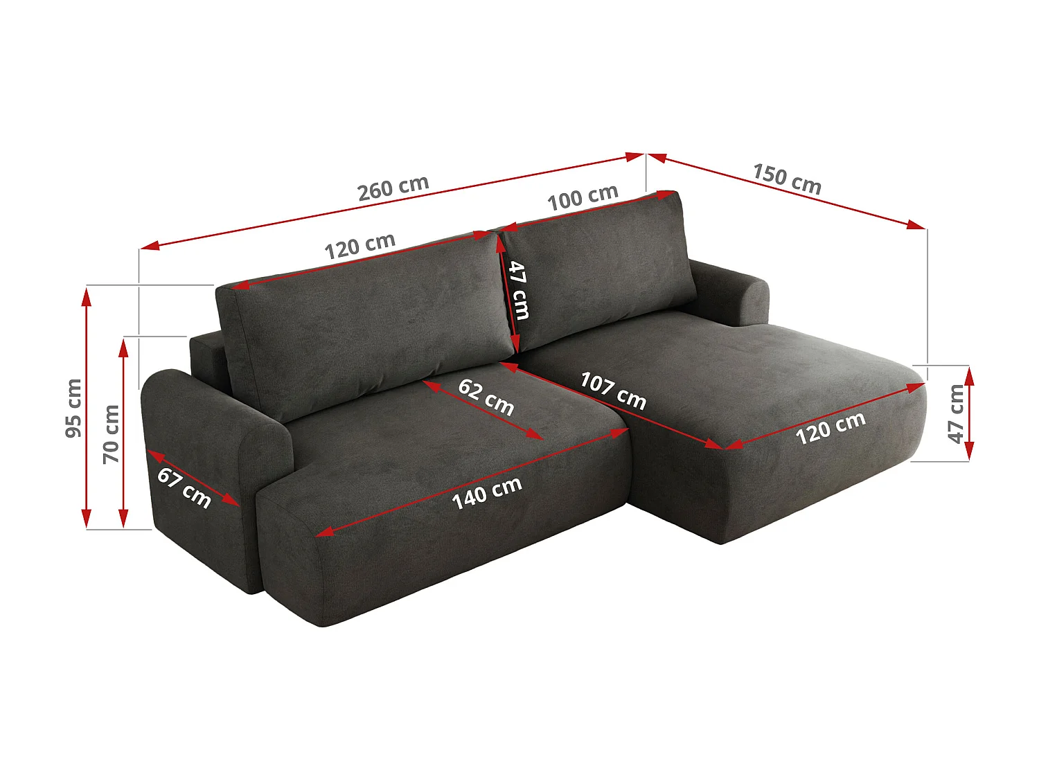 Ecksofa TONO - mit Schlaffunktion und Bettkasten, L-form Ecke, Armlehnen - Dunkelgrau Velvet - Ecke Rechts