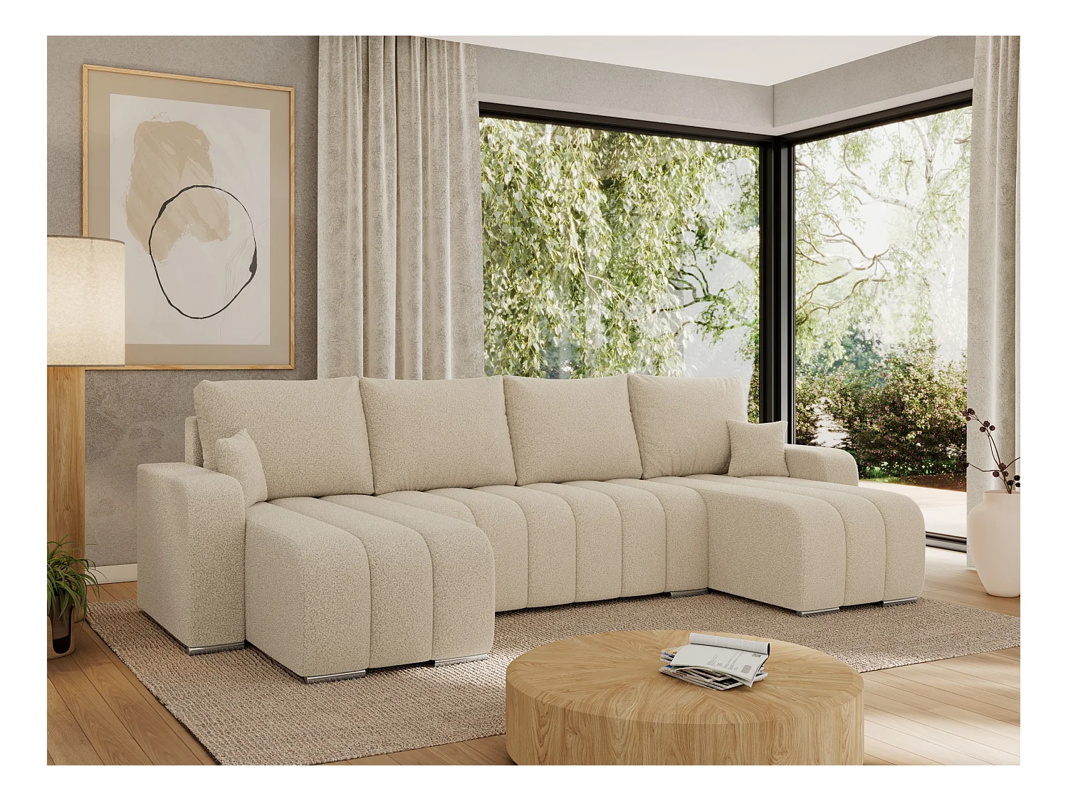 Ecksofa KIRASSO U - Wohnlandschaft, Schlaffunktion und Bettkasten, Couch U-form, lose Kissen - Beige Boucle