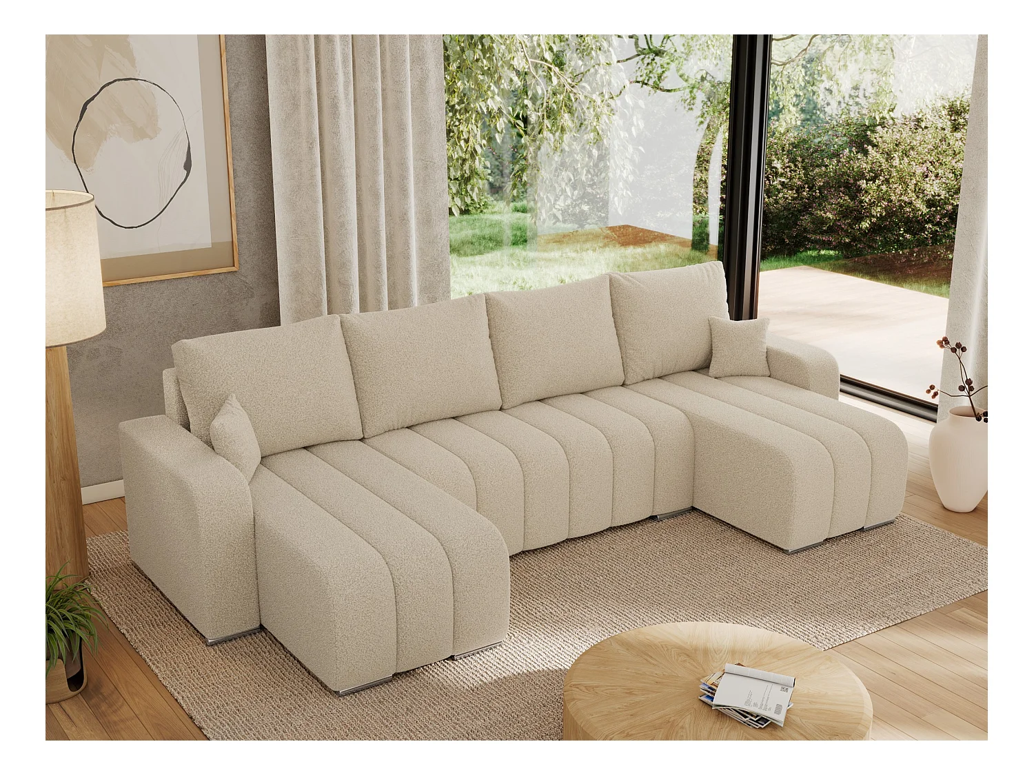 Ecksofa KIRASSO U - Wohnlandschaft, Schlaffunktion und Bettkasten, Couch U-form, lose Kissen - Beige Boucle
