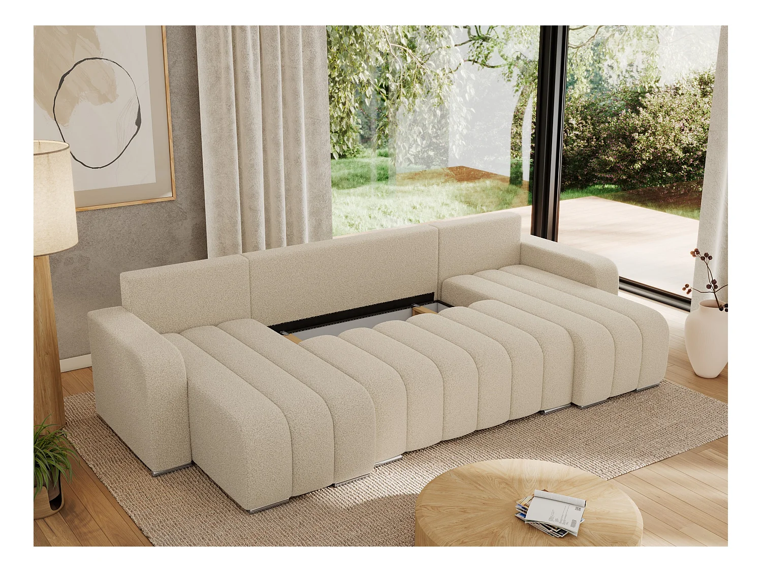 Ecksofa KIRASSO U - Wohnlandschaft, Schlaffunktion und Bettkasten, Couch U-form, lose Kissen - Beige Boucle