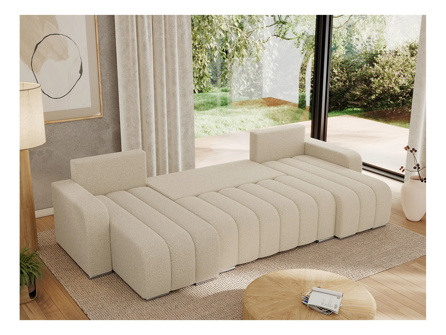 Ecksofa KIRASSO U - Wohnlandschaft, Schlaffunktion und Bettkasten, Couch U-form, lose Kissen - Beige Boucle