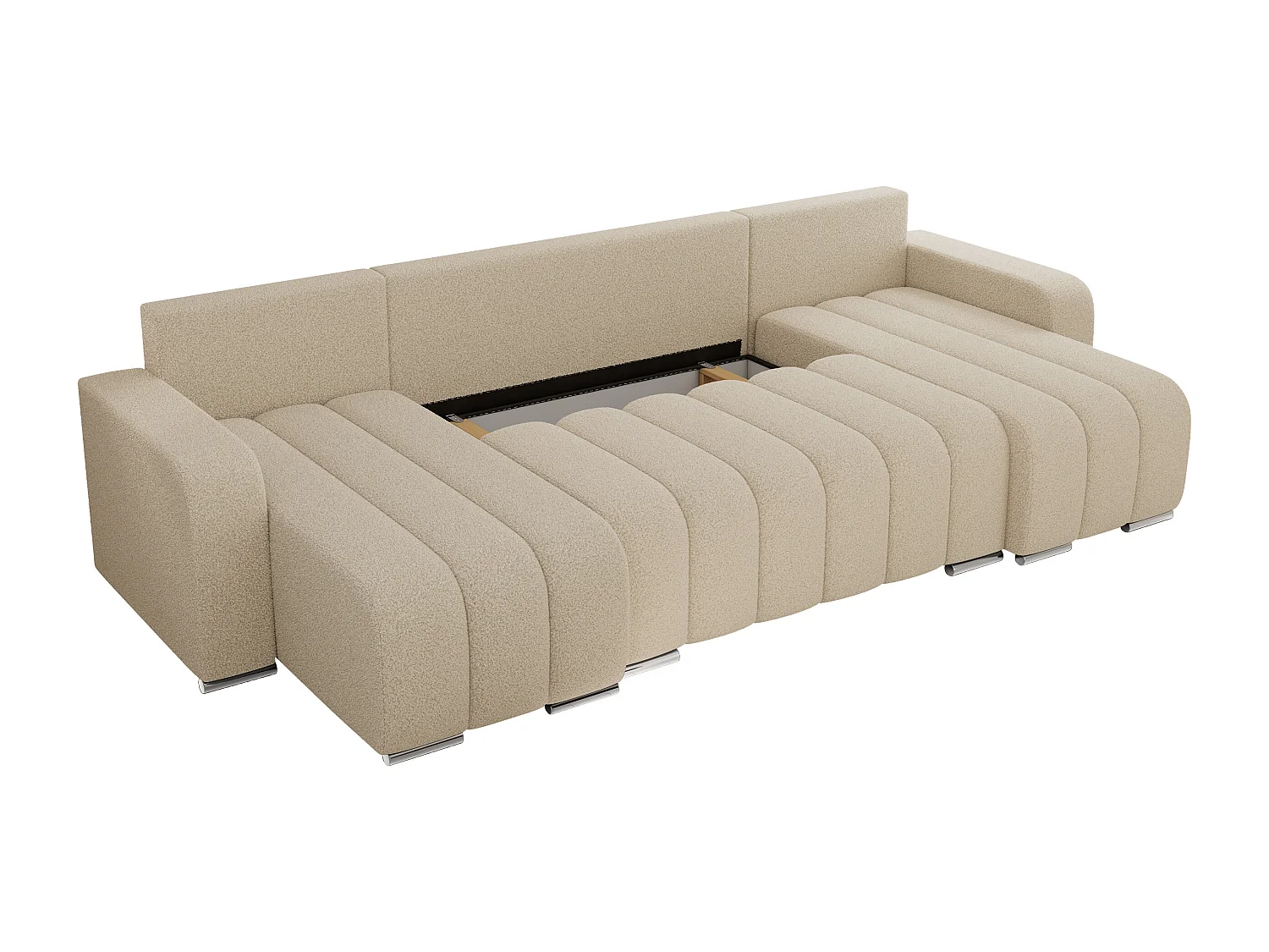 Ecksofa KIRASSO U - Wohnlandschaft, Schlaffunktion und Bettkasten, Couch U-form, lose Kissen - Beige Boucle