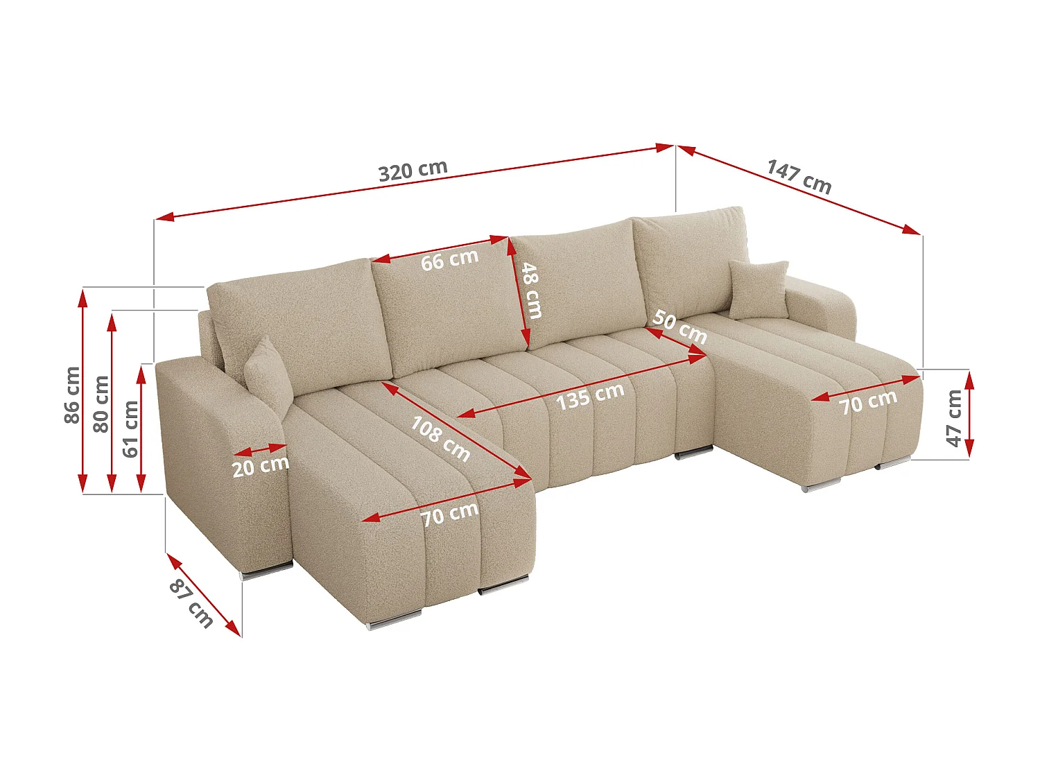 Ecksofa KIRASSO U - Wohnlandschaft, Schlaffunktion und Bettkasten, Couch U-form, lose Kissen - Beige Boucle