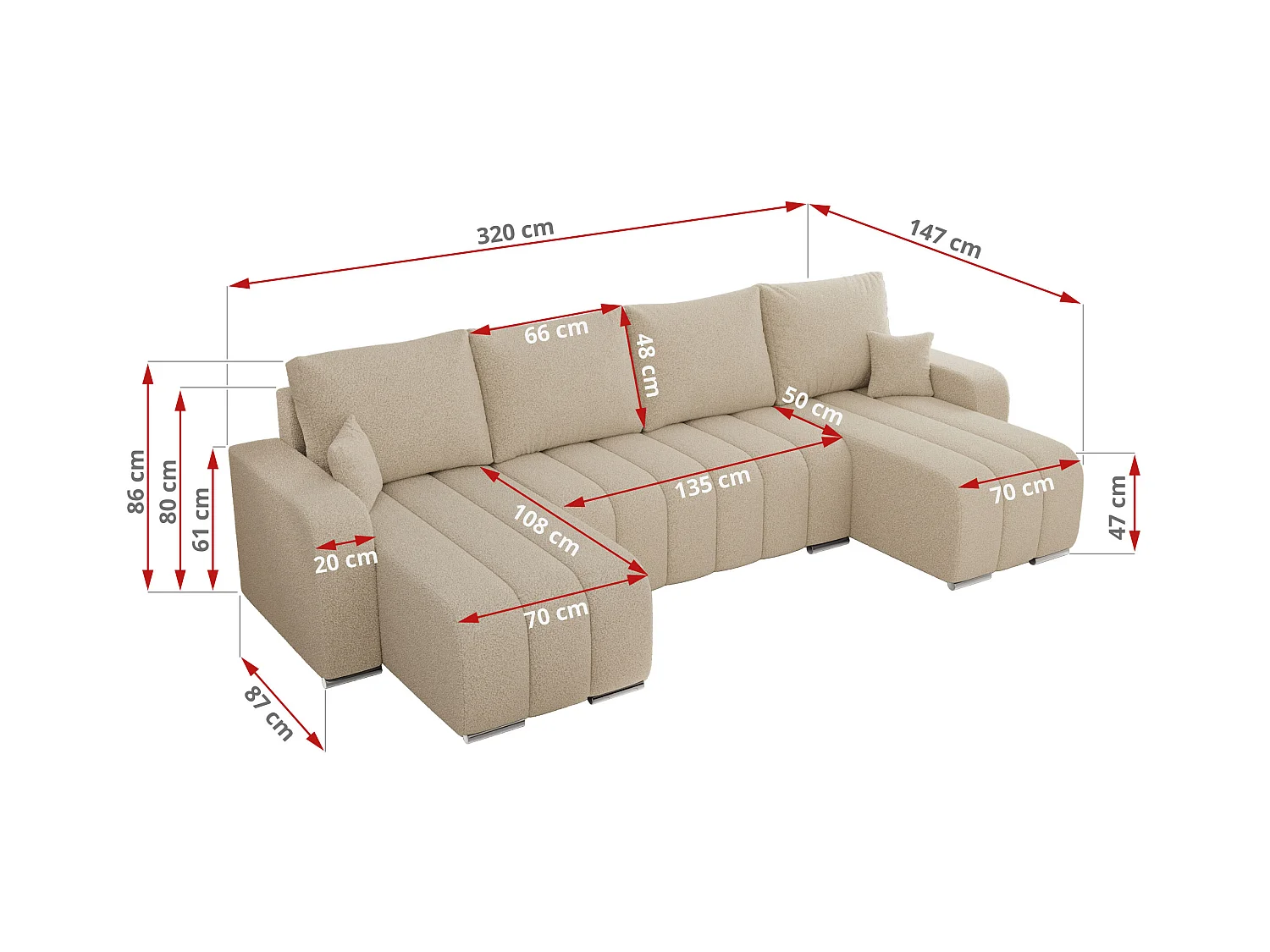 Ecksofa KIRASSO U - Wohnlandschaft, Schlaffunktion und Bettkasten, Couch U-form, lose Kissen - Beige Boucle