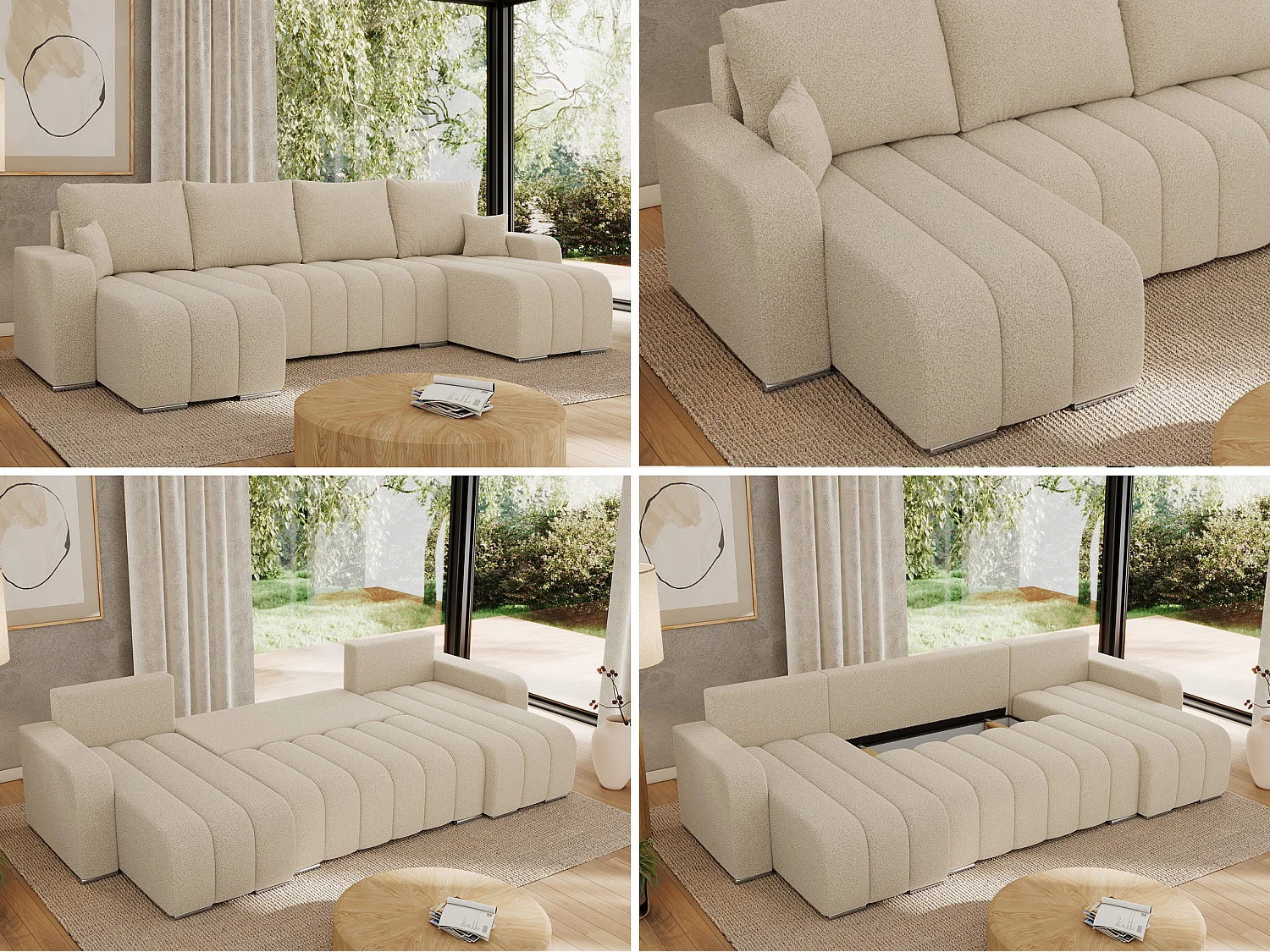 Ecksofa KIRASSO U - Wohnlandschaft, Schlaffunktion und Bettkasten, Couch U-form, lose Kissen - Beige Boucle