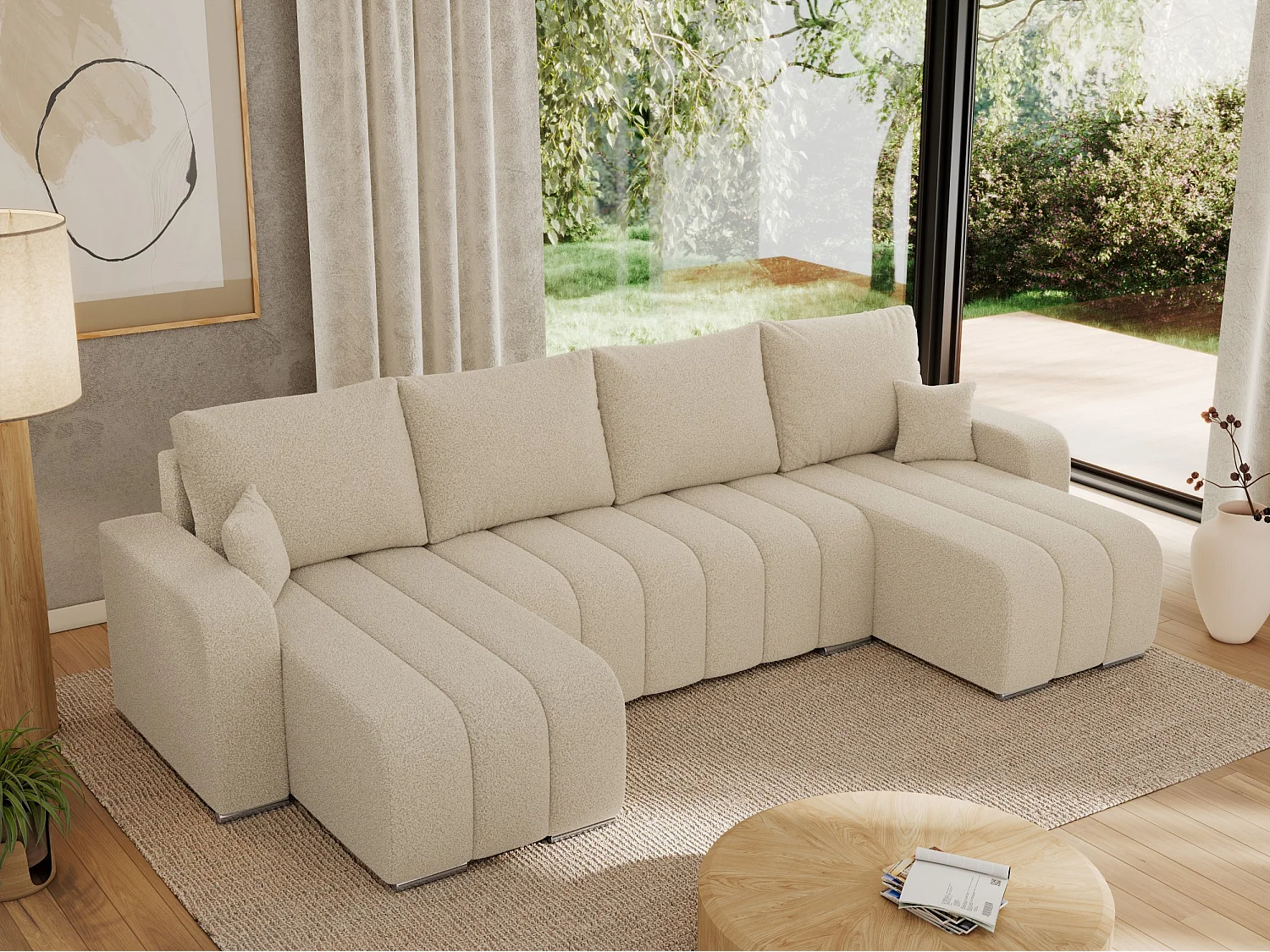 Ecksofa KIRASSO U - Wohnlandschaft, Schlaffunktion und Bettkasten, Couch U-form, lose Kissen - Beige Boucle