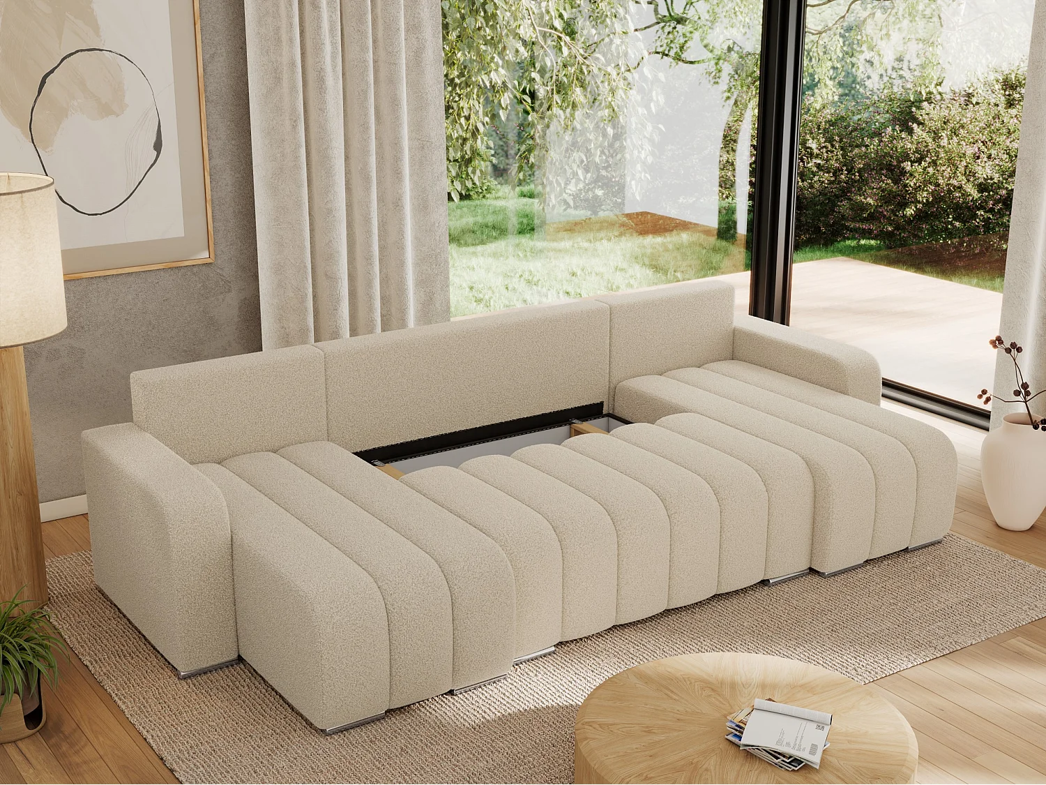 Ecksofa KIRASSO U - Wohnlandschaft, Schlaffunktion und Bettkasten, Couch U-form, lose Kissen - Beige Boucle