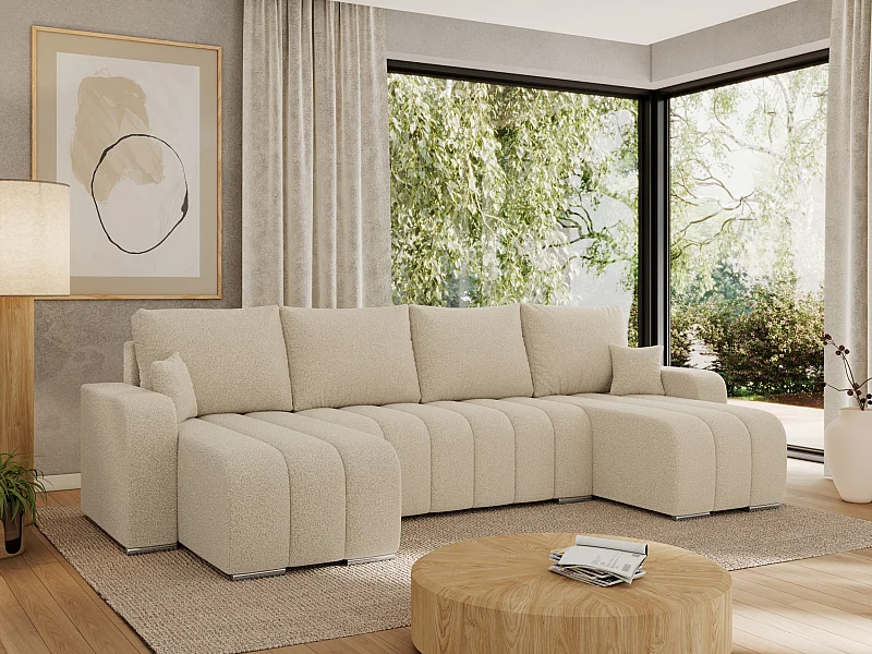 Ecksofa KIRASSO U - Wohnlandschaft, Schlaffunktion und Bettkasten, Couch U-form, lose Kissen - Beige Boucle