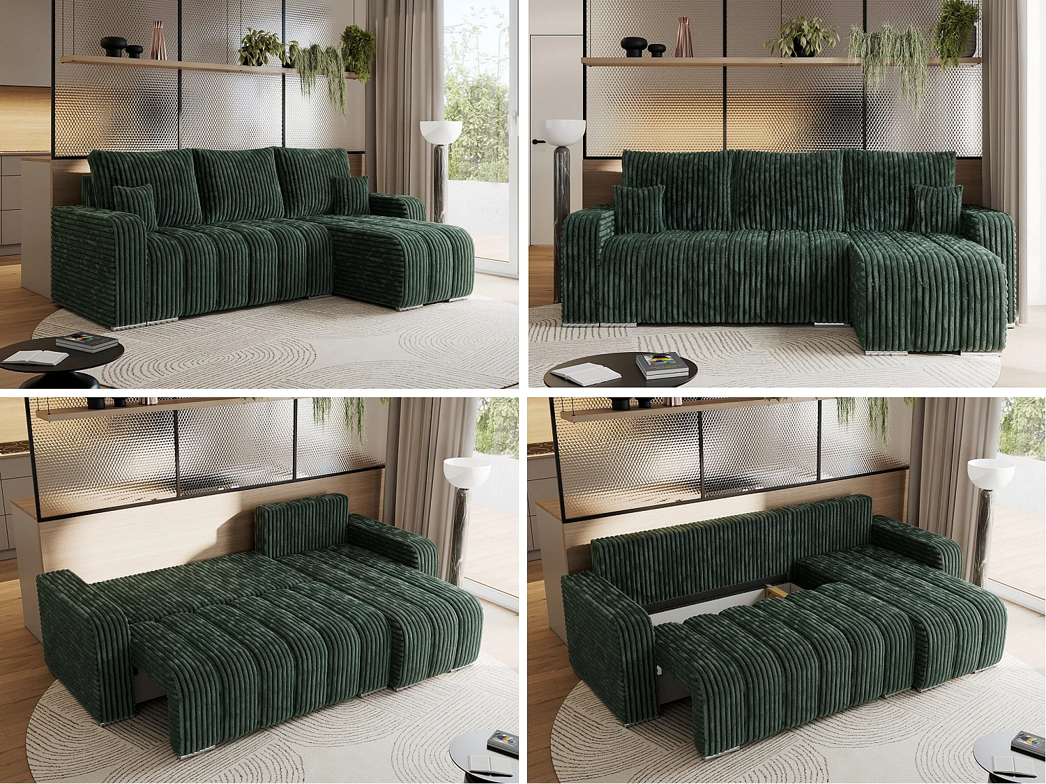 Ecksofa KIRASSO - universelles mit Schlaffunktion und Bettkasten, lose Kissen, Armlehnen - Grün Cord