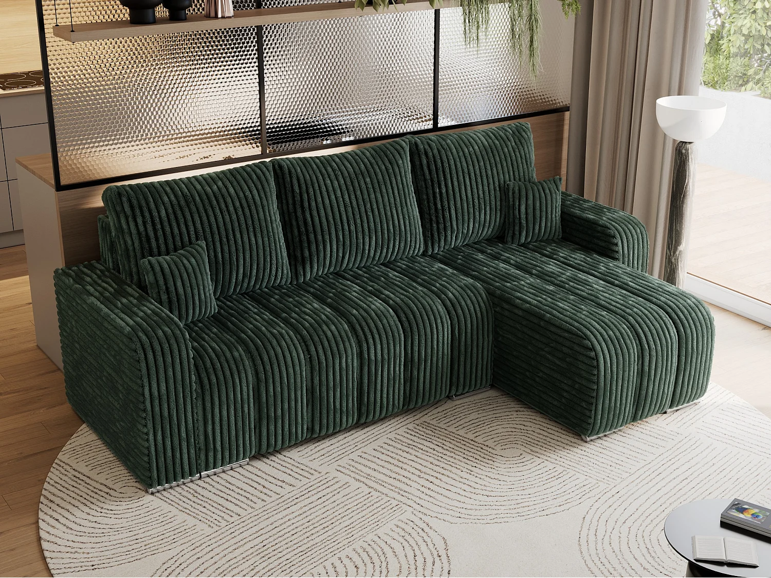 Ecksofa KIRASSO - universelles mit Schlaffunktion und Bettkasten, lose Kissen, Armlehnen - Grün Cord