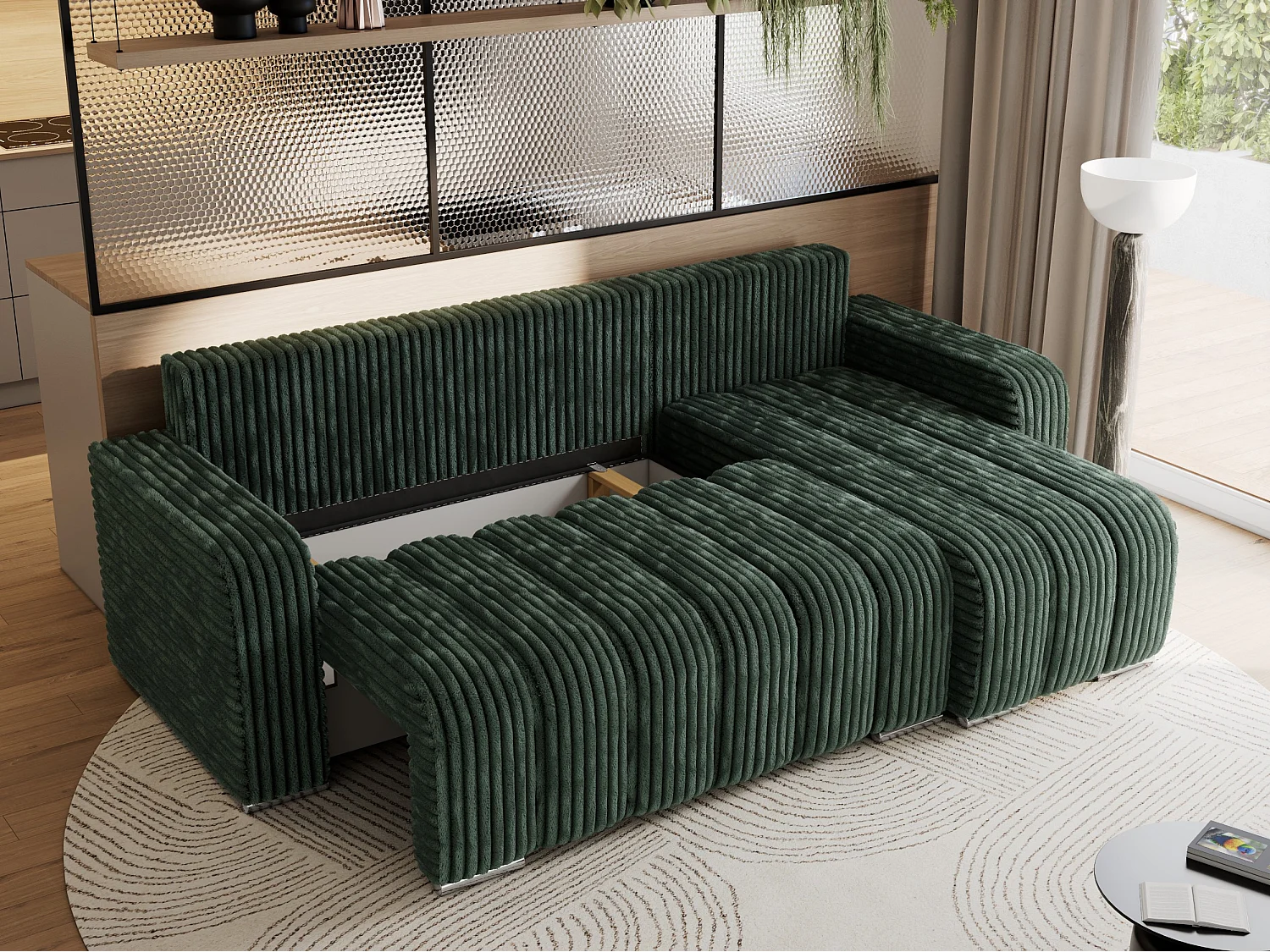 Ecksofa KIRASSO - universelles mit Schlaffunktion und Bettkasten, lose Kissen, Armlehnen - Grün Cord