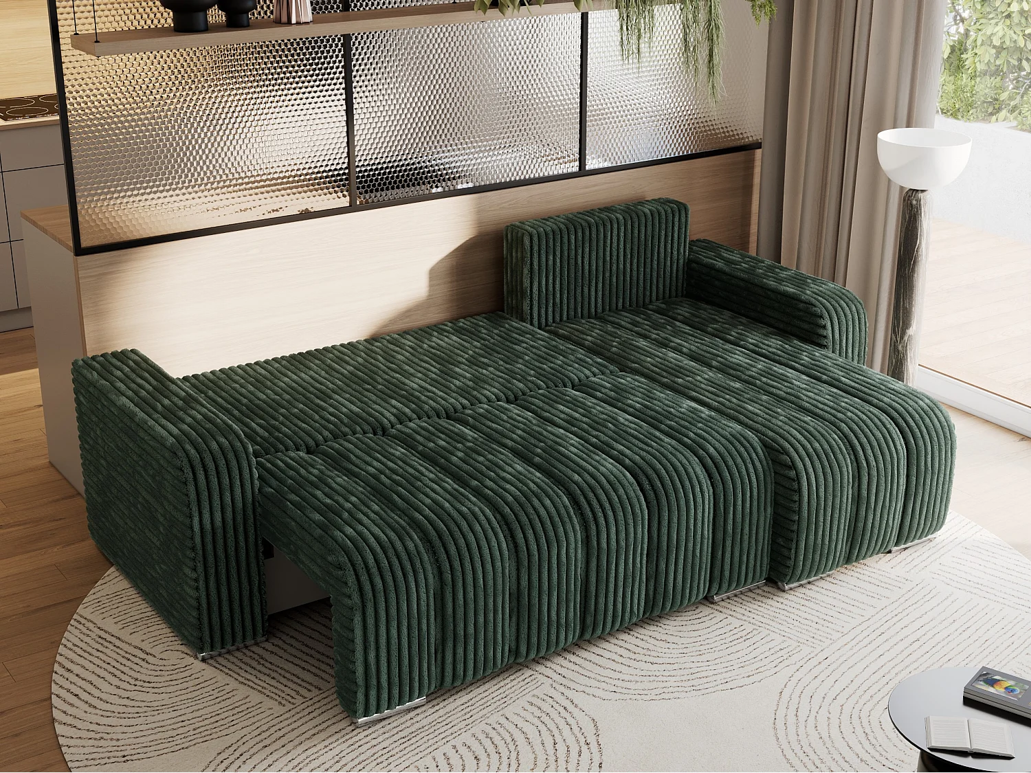 Ecksofa KIRASSO - universelles mit Schlaffunktion und Bettkasten, lose Kissen, Armlehnen - Grün Cord