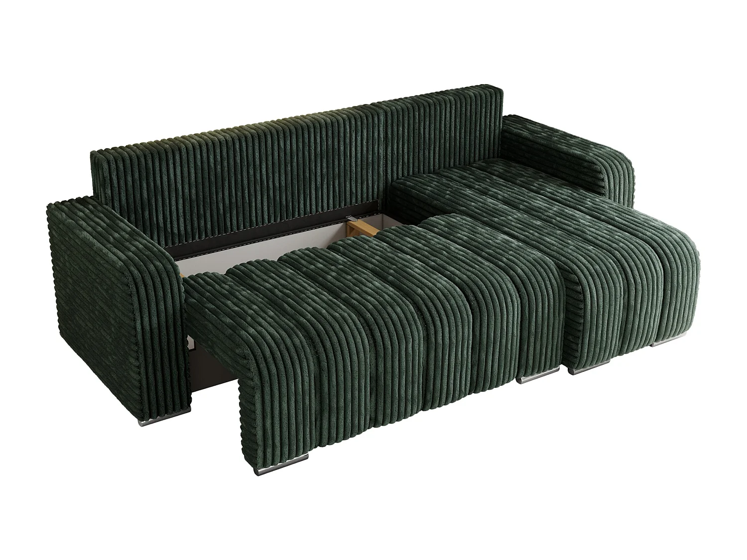 Ecksofa KIRASSO - universelles mit Schlaffunktion und Bettkasten, lose Kissen, Armlehnen - Grün Cord