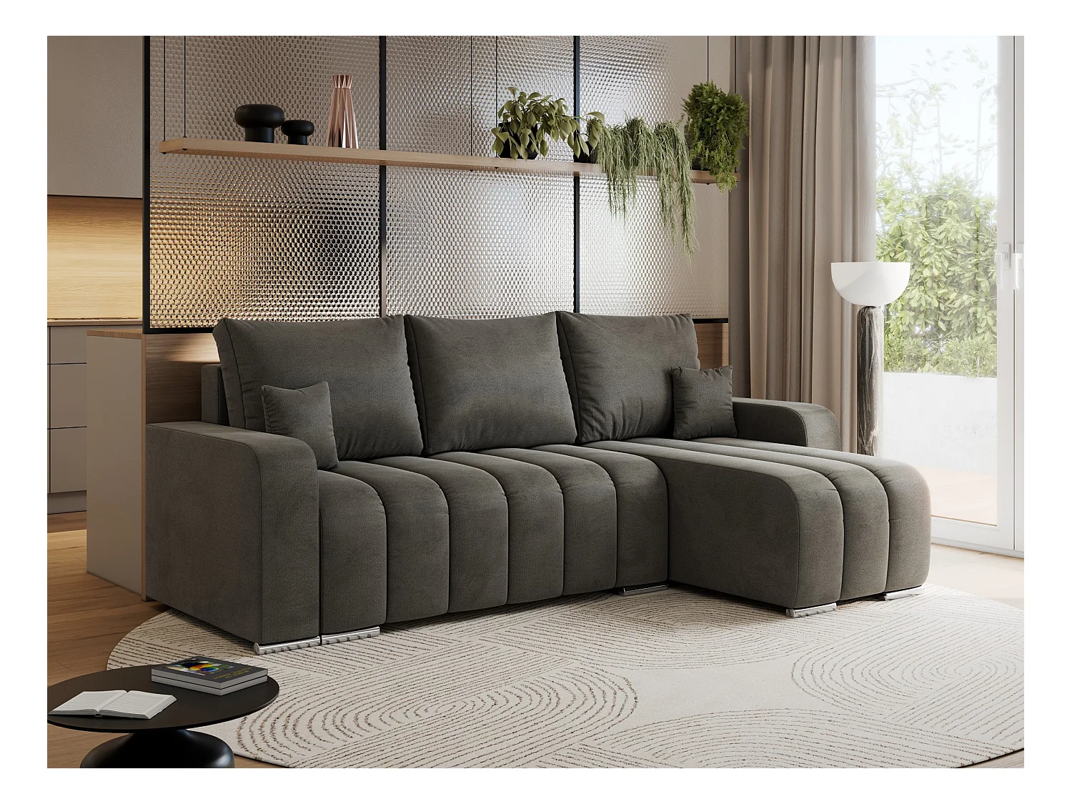 Ecksofa KIRASSO - universelles mit Schlaffunktion und Bettkasten, lose Kissen, Armlehnen - Dunkelgrau Velvet