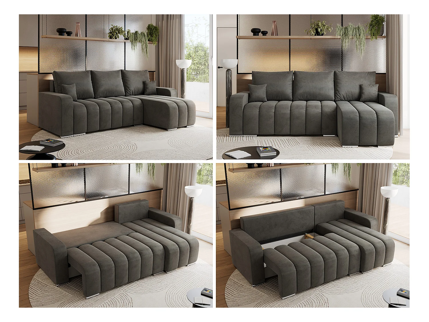 Ecksofa KIRASSO - universelles mit Schlaffunktion und Bettkasten, lose Kissen, Armlehnen - Dunkelgrau Velvet