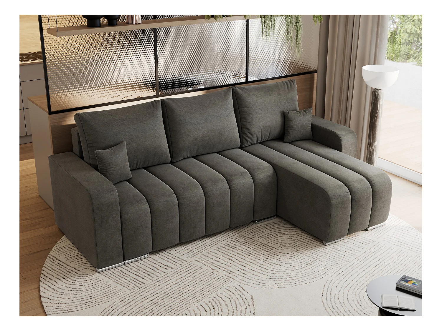 Ecksofa KIRASSO - universelles mit Schlaffunktion und Bettkasten, lose Kissen, Armlehnen - Dunkelgrau Velvet