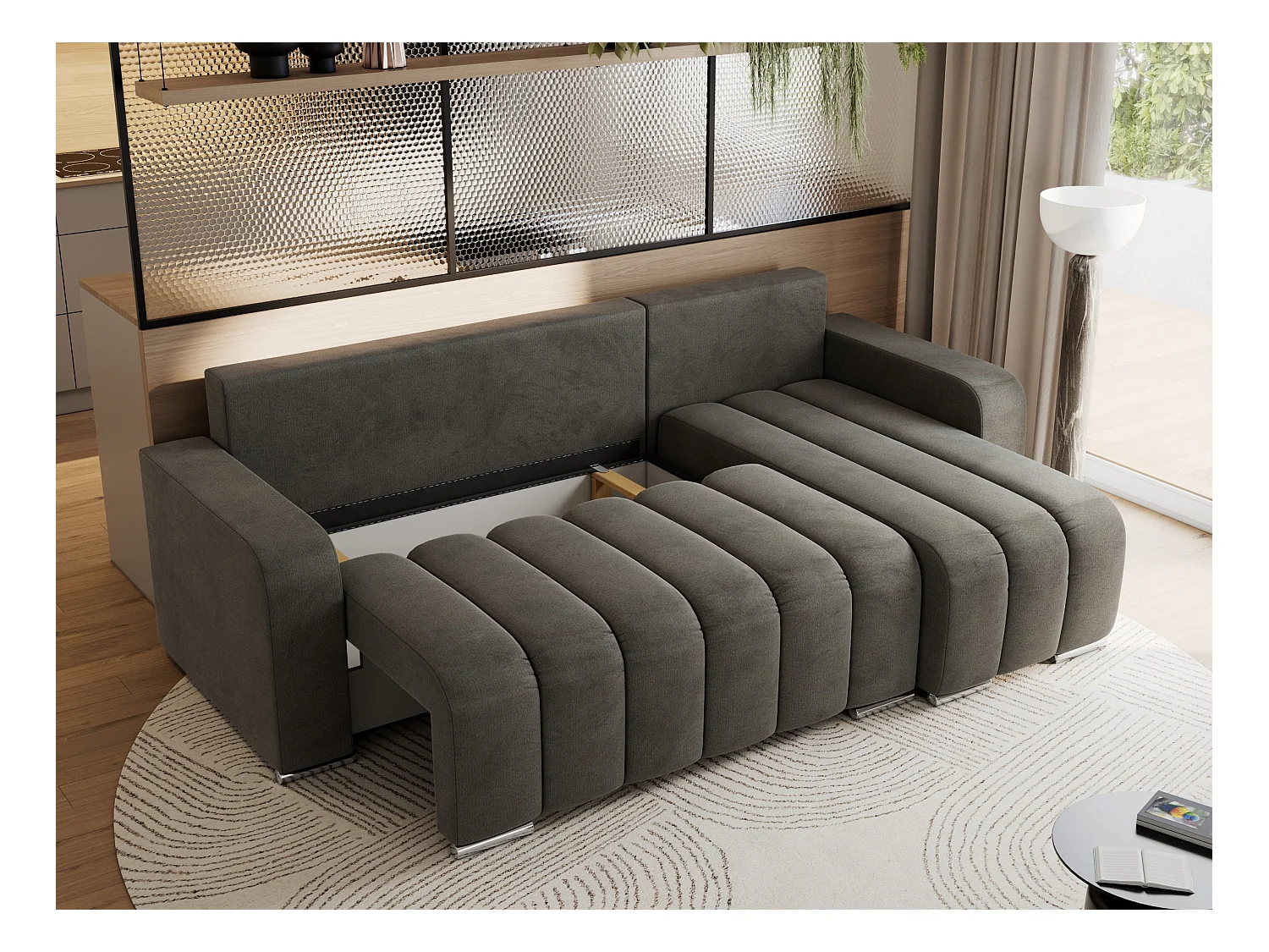 Ecksofa KIRASSO - universelles mit Schlaffunktion und Bettkasten, lose Kissen, Armlehnen - Dunkelgrau Velvet