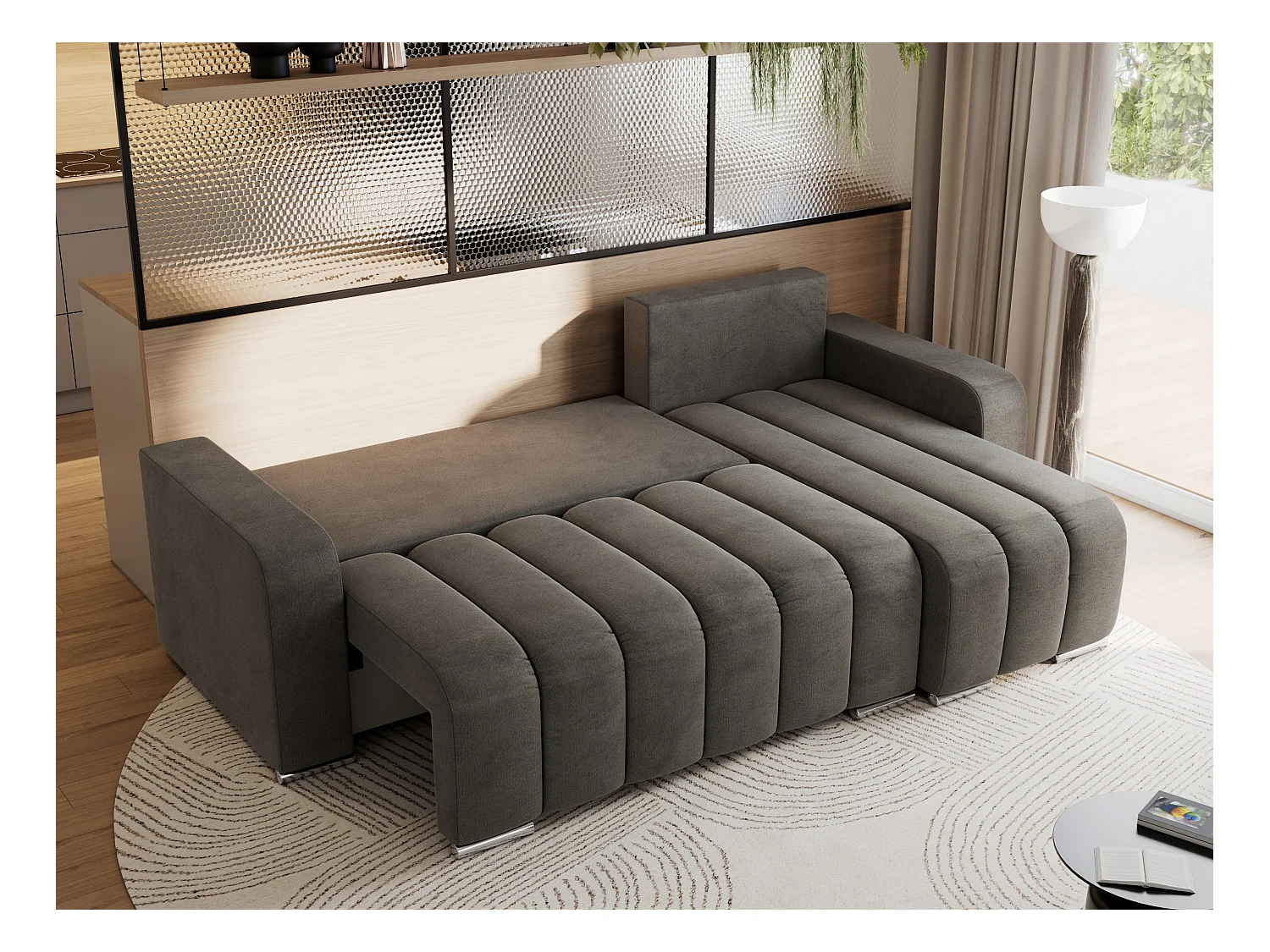 Ecksofa KIRASSO - universelles mit Schlaffunktion und Bettkasten, lose Kissen, Armlehnen - Dunkelgrau Velvet