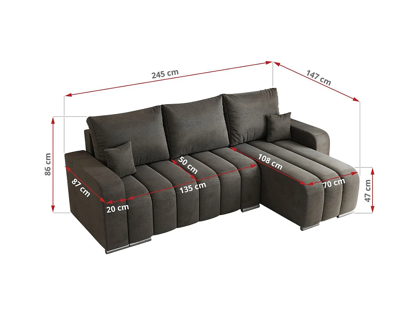 Ecksofa KIRASSO - universelles mit Schlaffunktion und Bettkasten, lose Kissen, Armlehnen - Dunkelgrau Velvet