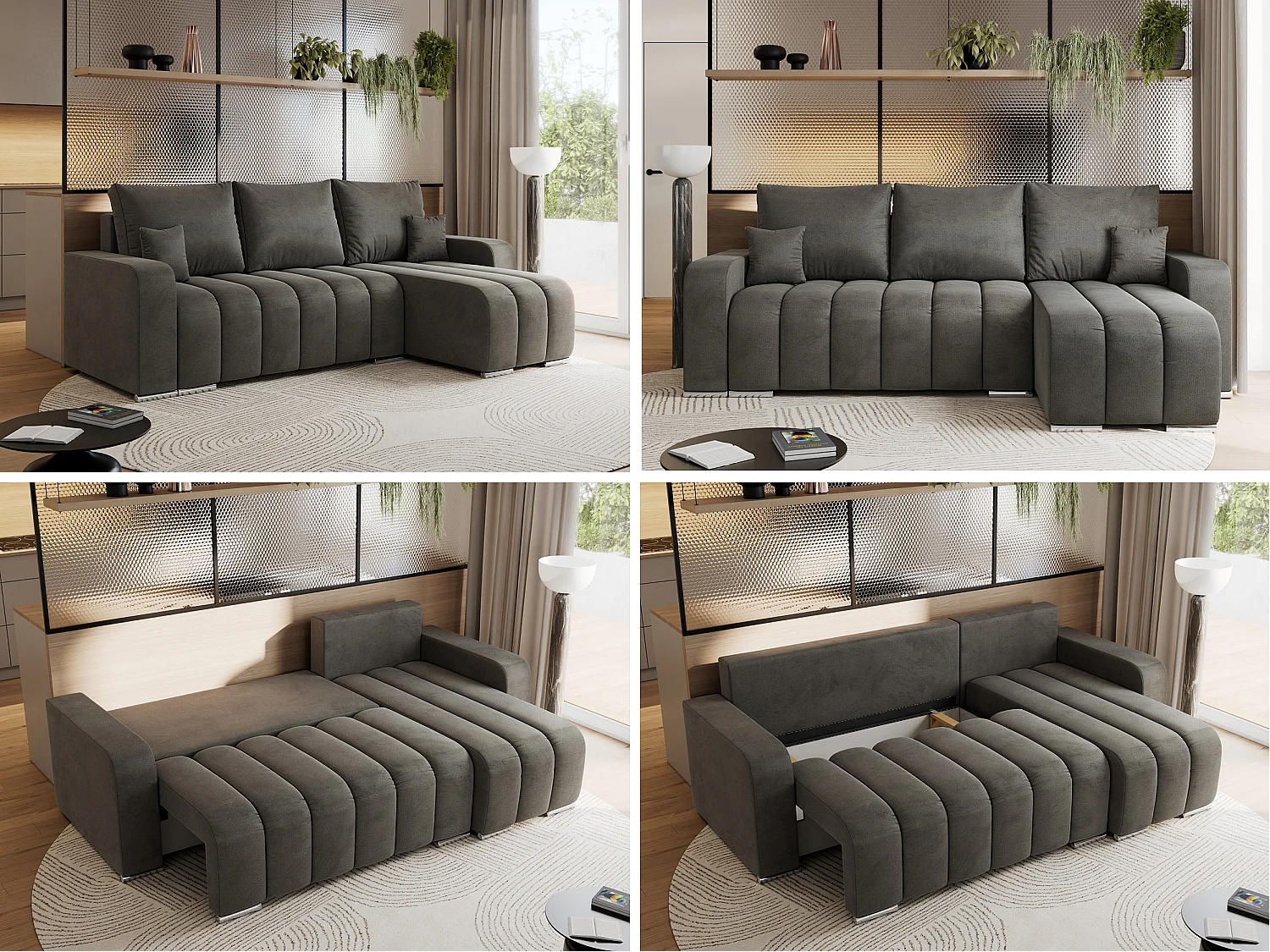 Ecksofa KIRASSO - universelles mit Schlaffunktion und Bettkasten, lose Kissen, Armlehnen - Dunkelgrau Velvet
