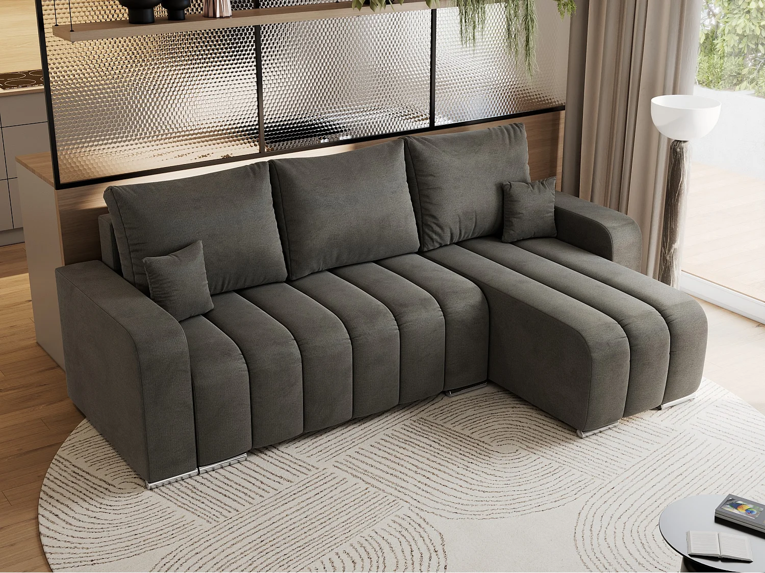 Ecksofa KIRASSO - universelles mit Schlaffunktion und Bettkasten, lose Kissen, Armlehnen - Dunkelgrau Velvet