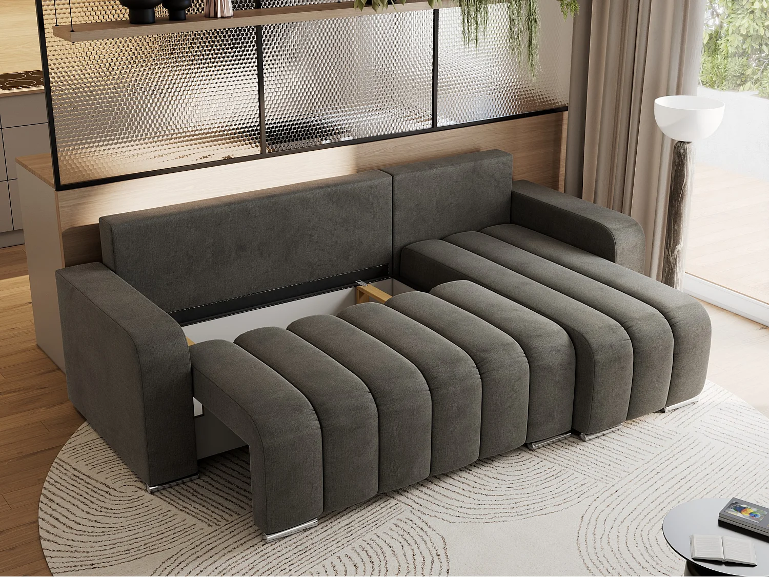 Ecksofa KIRASSO - universelles mit Schlaffunktion und Bettkasten, lose Kissen, Armlehnen - Dunkelgrau Velvet