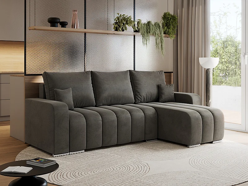 Ecksofa KIRASSO - universelles mit Schlaffunktion und Bettkasten, lose Kissen, Armlehnen - Dunkelgrau Velvet