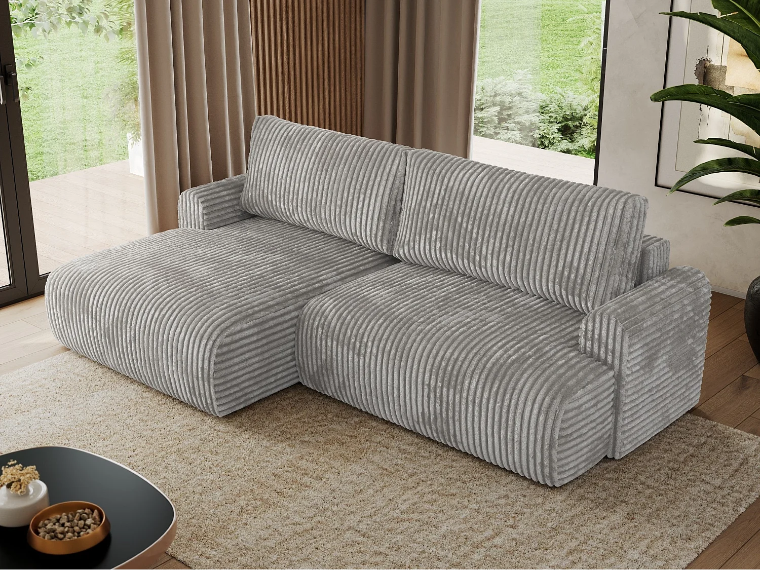 Ecksofa TONO - mit Schlaffunktion und Bettkasten, L-form Ecke, Armlehnen - Grau Cord - Ecke Links