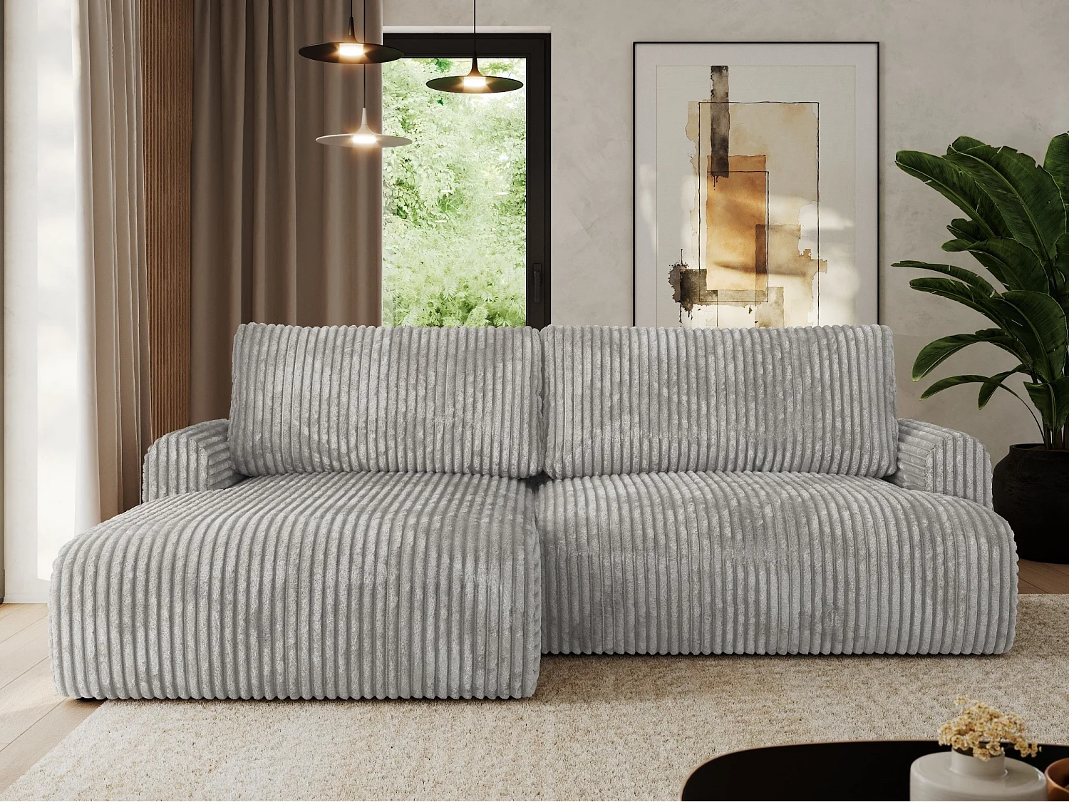 Ecksofa TONO - mit Schlaffunktion und Bettkasten, L-form Ecke, Armlehnen - Grau Cord - Ecke Links