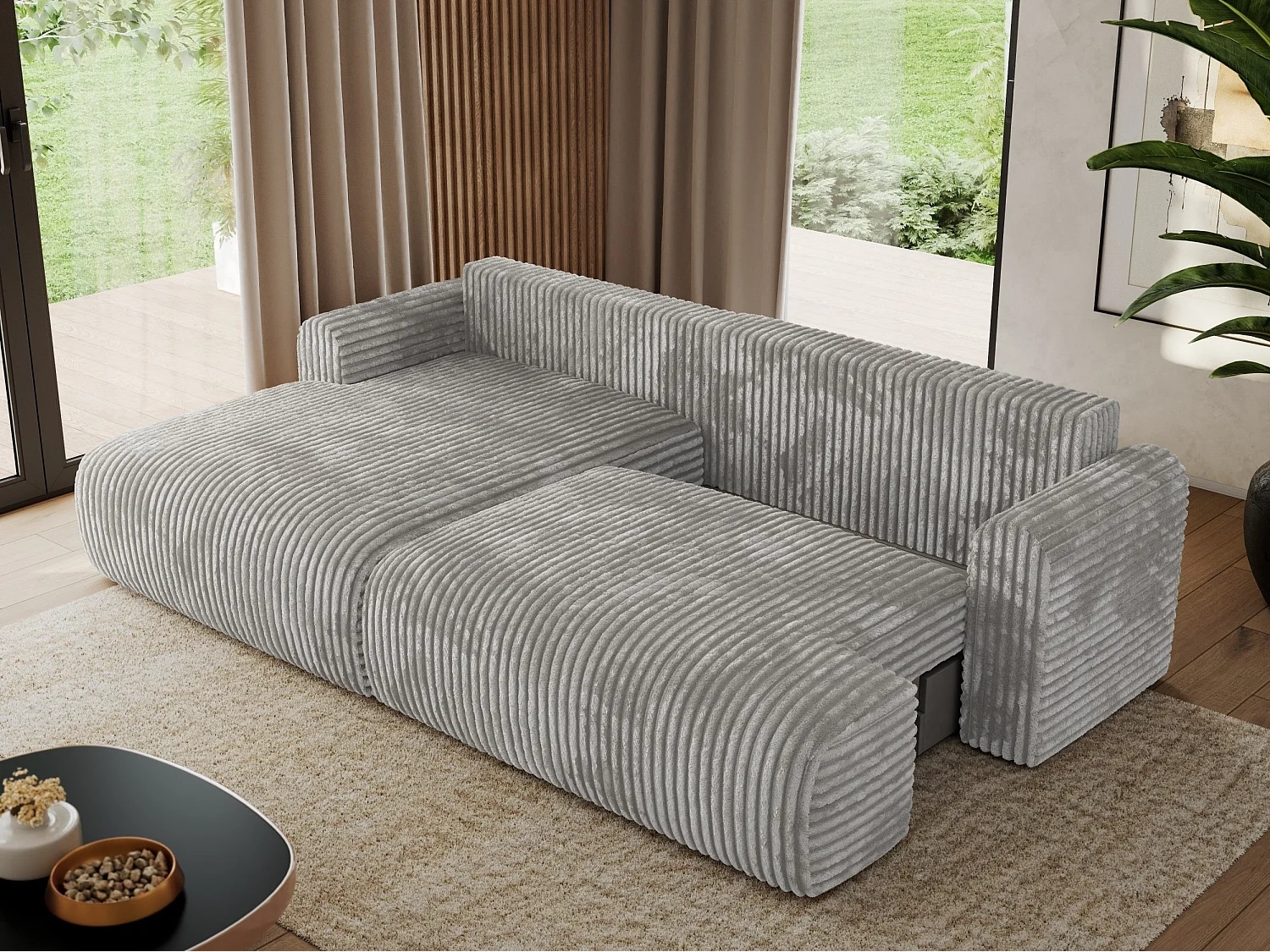 Ecksofa TONO - mit Schlaffunktion und Bettkasten, L-form Ecke, Armlehnen - Grau Cord - Ecke Links