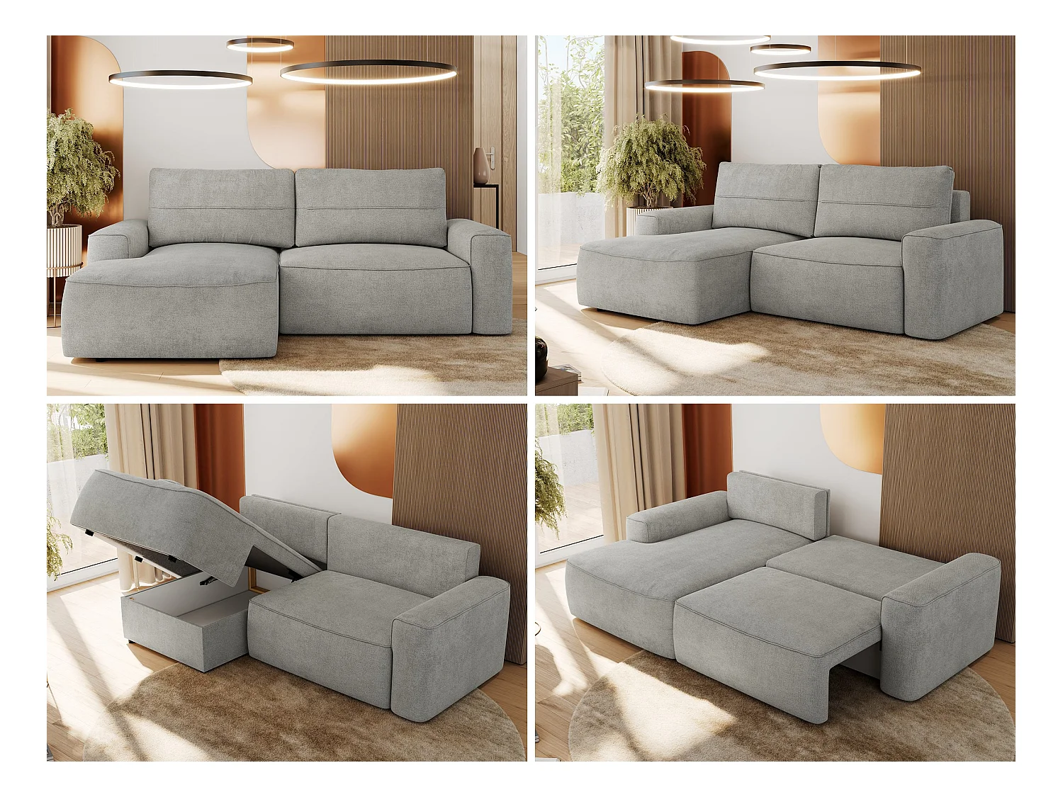 Ecksofa BELLUNO - Schlafsofa mit Bettkasten, Armlehnen, Couch L-form mit Schlaffunktion - Hellgrau Strukture - Ecke Links