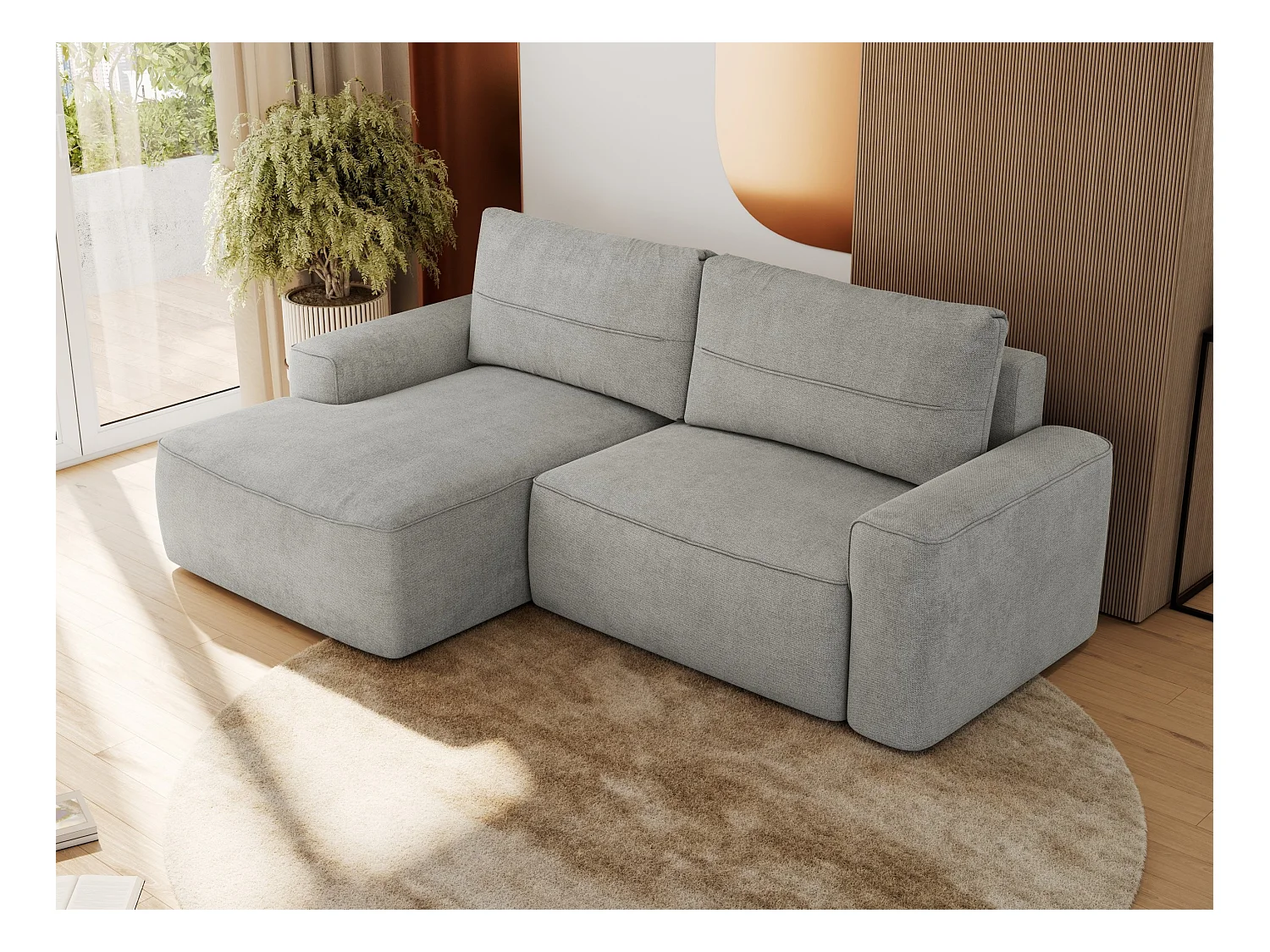 Ecksofa BELLUNO - Schlafsofa mit Bettkasten, Armlehnen, Couch L-form mit Schlaffunktion - Hellgrau Strukture - Ecke Links