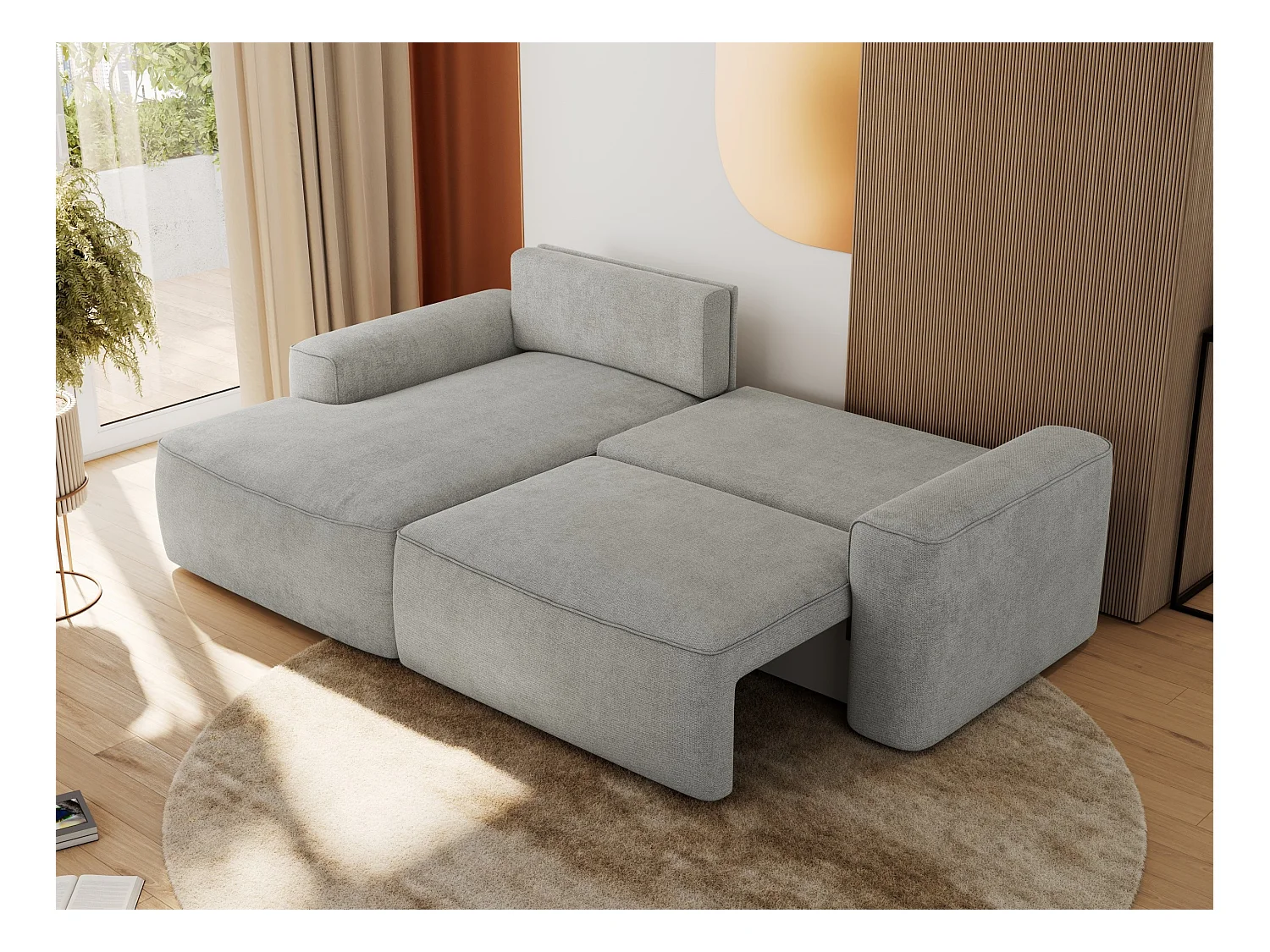 Ecksofa BELLUNO - Schlafsofa mit Bettkasten, Armlehnen, Couch L-form mit Schlaffunktion - Hellgrau Strukture - Ecke Links