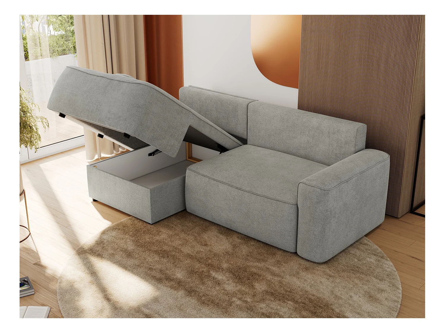 Ecksofa BELLUNO - Schlafsofa mit Bettkasten, Armlehnen, Couch L-form mit Schlaffunktion - Hellgrau Strukture - Ecke Links