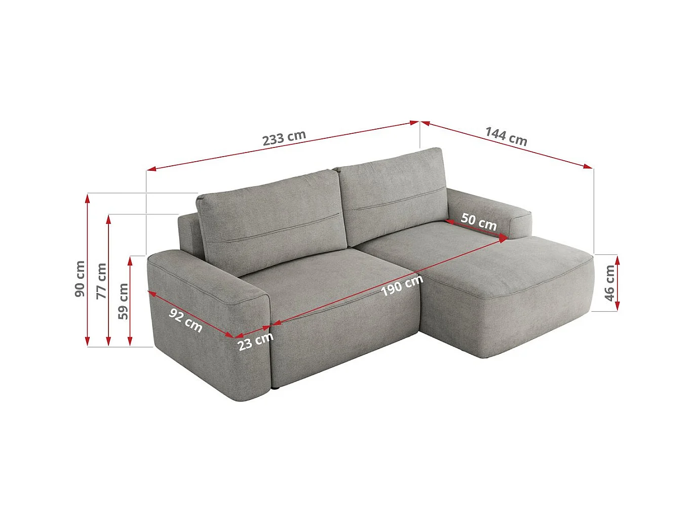 Ecksofa BELLUNO - Schlafsofa mit Bettkasten, Armlehnen, Couch L-form mit Schlaffunktion - Hellgrau Strukture - Ecke Links