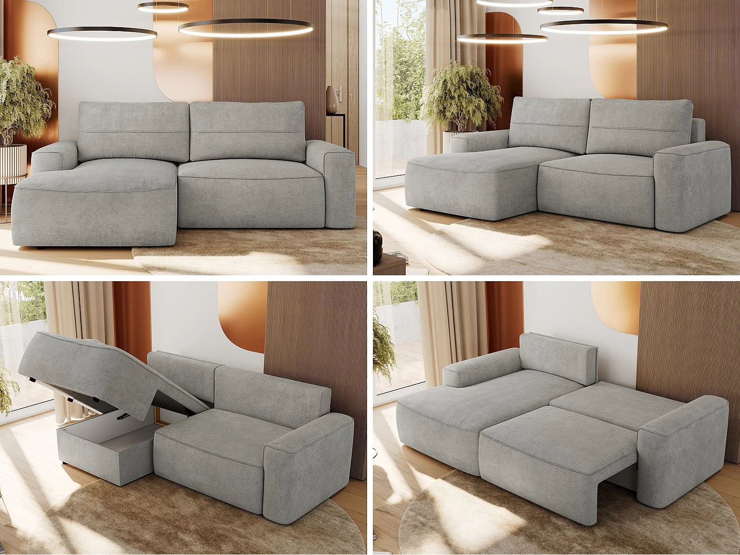 Ecksofa BELLUNO - Schlafsofa mit Bettkasten, Armlehnen, Couch L-form mit Schlaffunktion - Hellgrau Strukture - Ecke Links