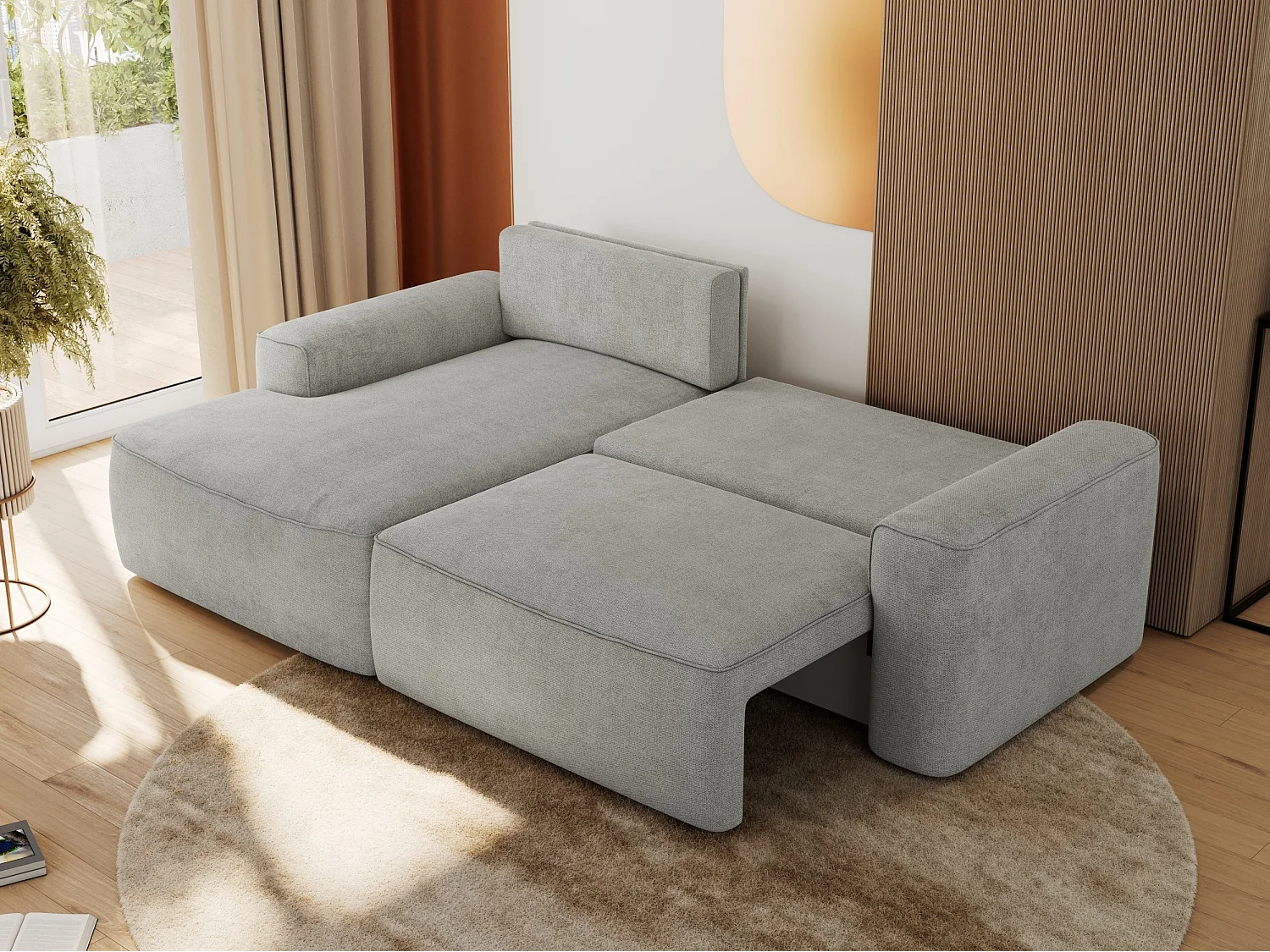 Ecksofa BELLUNO - Schlafsofa mit Bettkasten, Armlehnen, Couch L-form mit Schlaffunktion - Hellgrau Strukture - Ecke Links