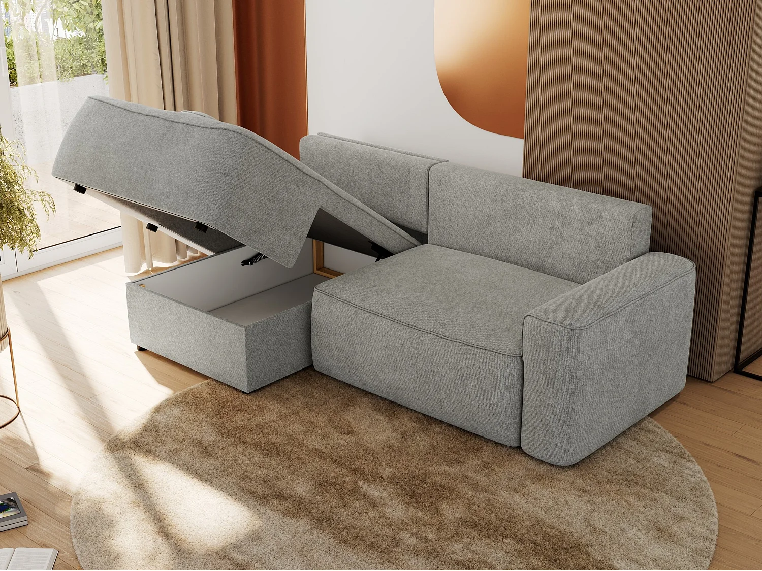 Ecksofa BELLUNO - Schlafsofa mit Bettkasten, Armlehnen, Couch L-form mit Schlaffunktion - Hellgrau Strukture - Ecke Links