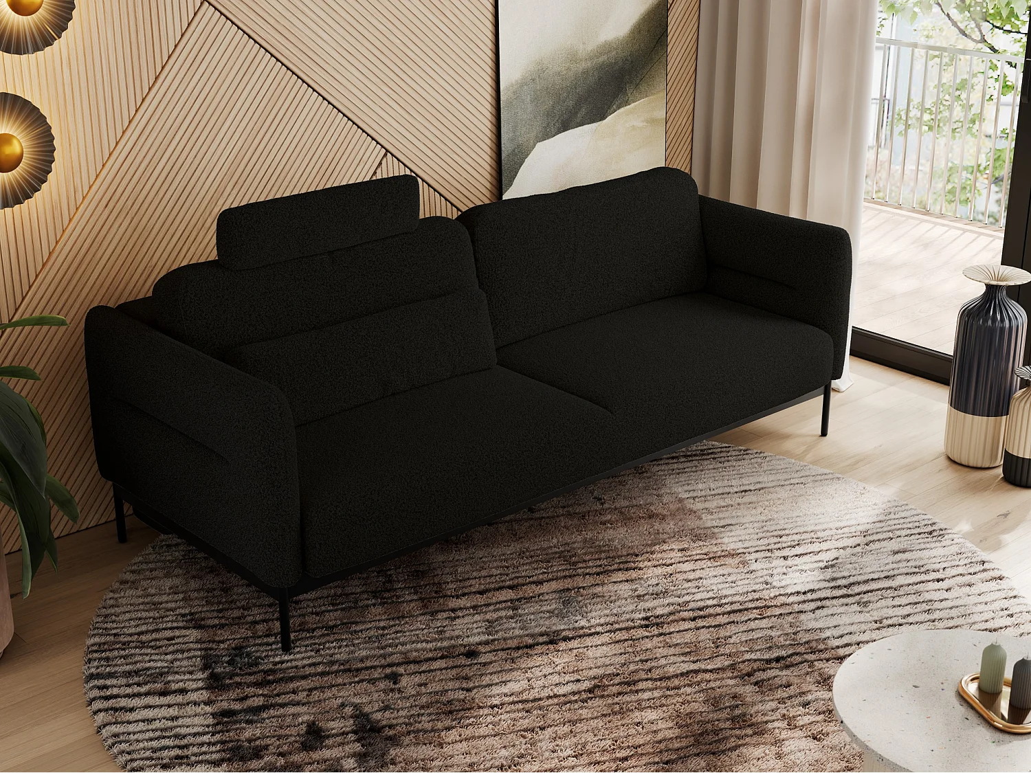 Sofa SALENTO - 3-Sitzer mit Metallbeine, mobile Kopfstütze, Schlafsofa mit lose Kissen - Schwarz Boucle