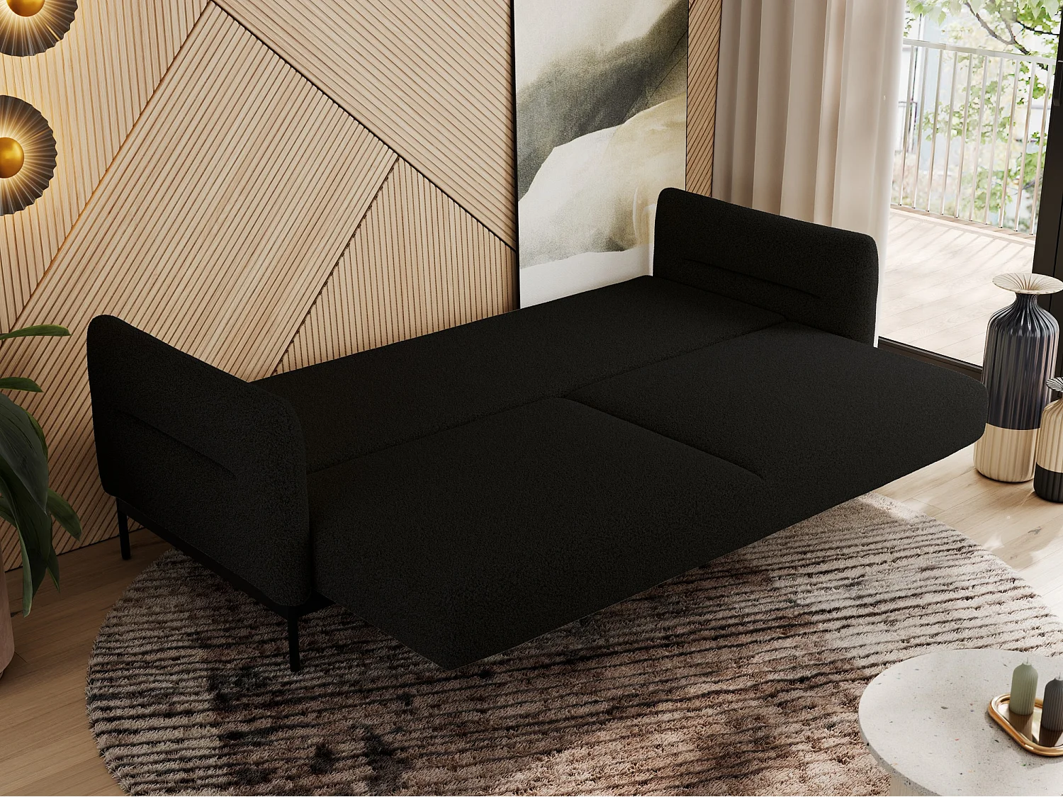 Sofa SALENTO - 3-Sitzer mit Metallbeine, mobile Kopfstütze, Schlafsofa mit lose Kissen - Schwarz Boucle