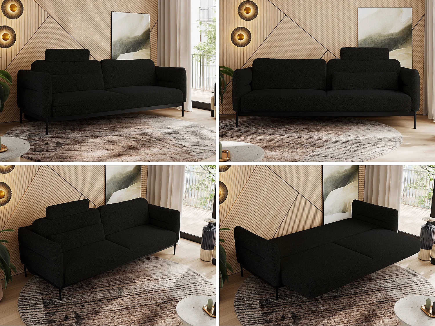 Sofa SALENTO - 3-Sitzer mit Metallbeine, mobile Kopfstütze, Schlafsofa mit lose Kissen - Schwarz Boucle