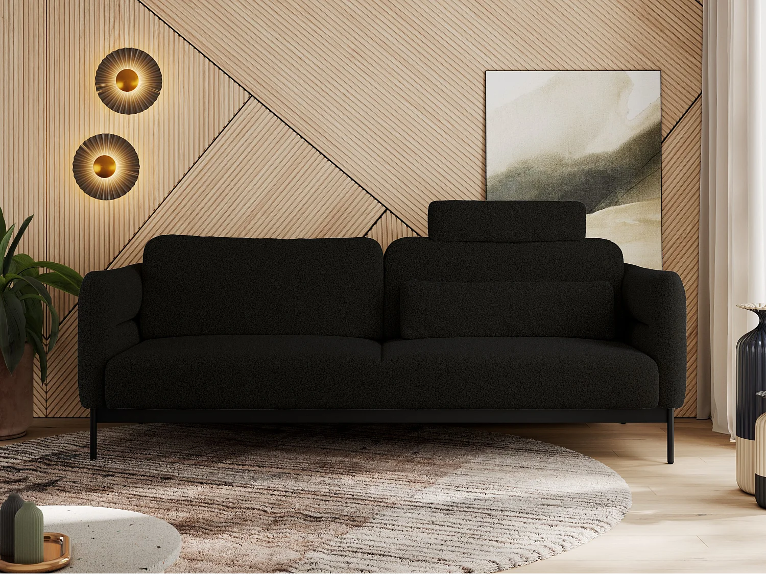 Sofa SALENTO - 3-Sitzer mit Metallbeine, mobile Kopfstütze, Schlafsofa mit lose Kissen - Schwarz Boucle