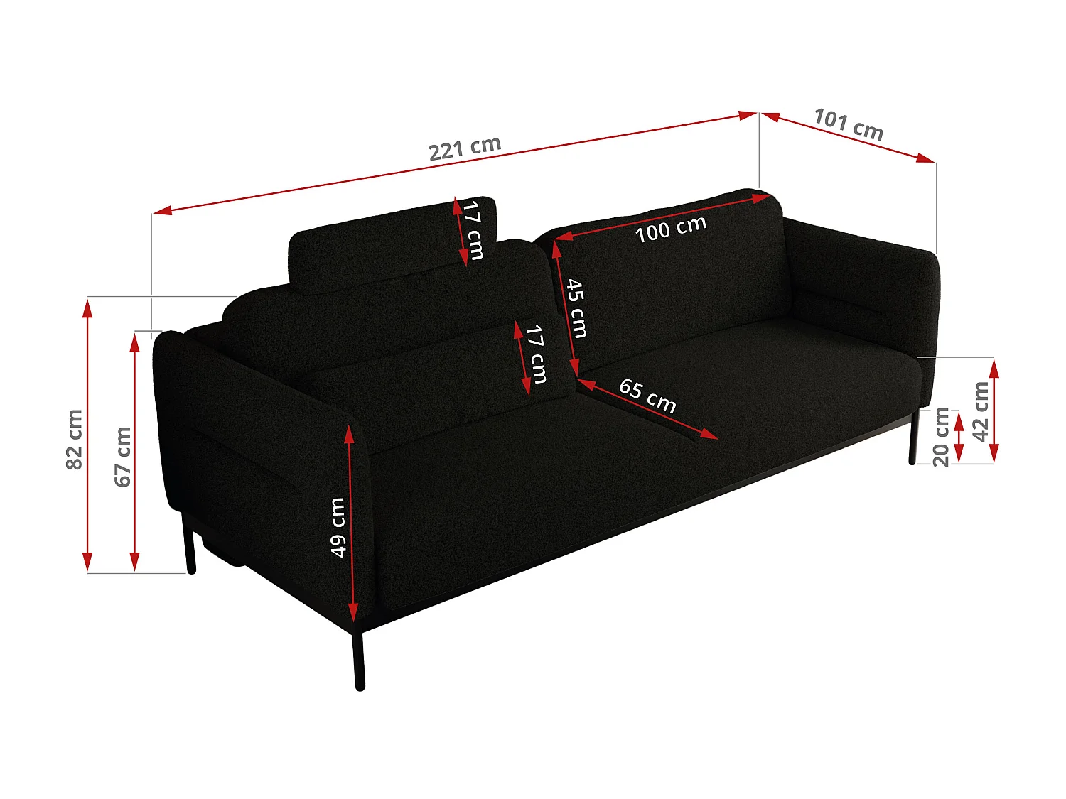 Sofa SALENTO - 3-Sitzer mit Metallbeine, mobile Kopfstütze, Schlafsofa mit lose Kissen - Schwarz Boucle