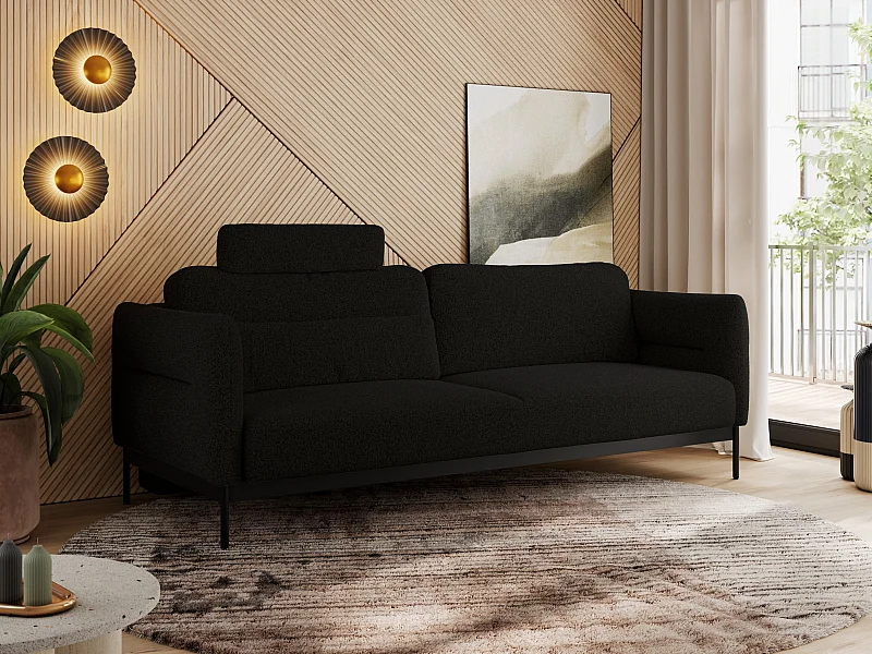 Sofa SALENTO - 3-Sitzer mit Metallbeine, mobile Kopfstütze, Schlafsofa mit lose Kissen - Schwarz Boucle