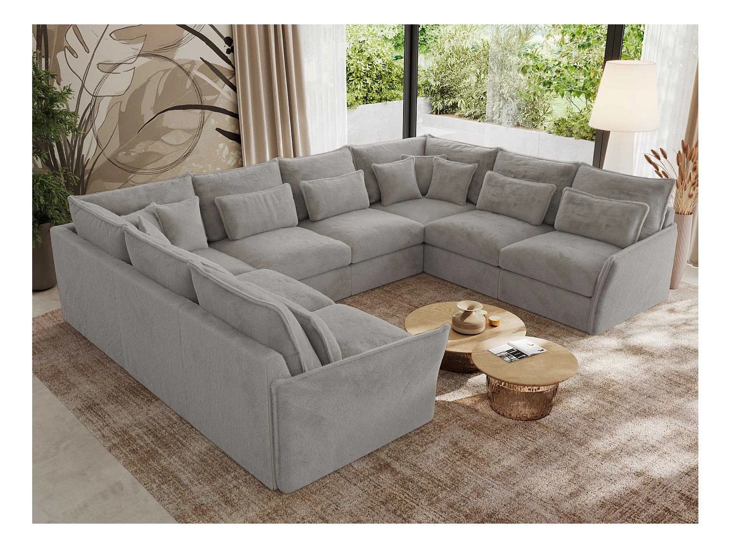 Ecksofa VERSO U8M - modulare U-förmige Ecke mit Armlehnen, Wohnlandschaft, Ecksofa XXL, lose Kissen - Hellgrau Plüsch