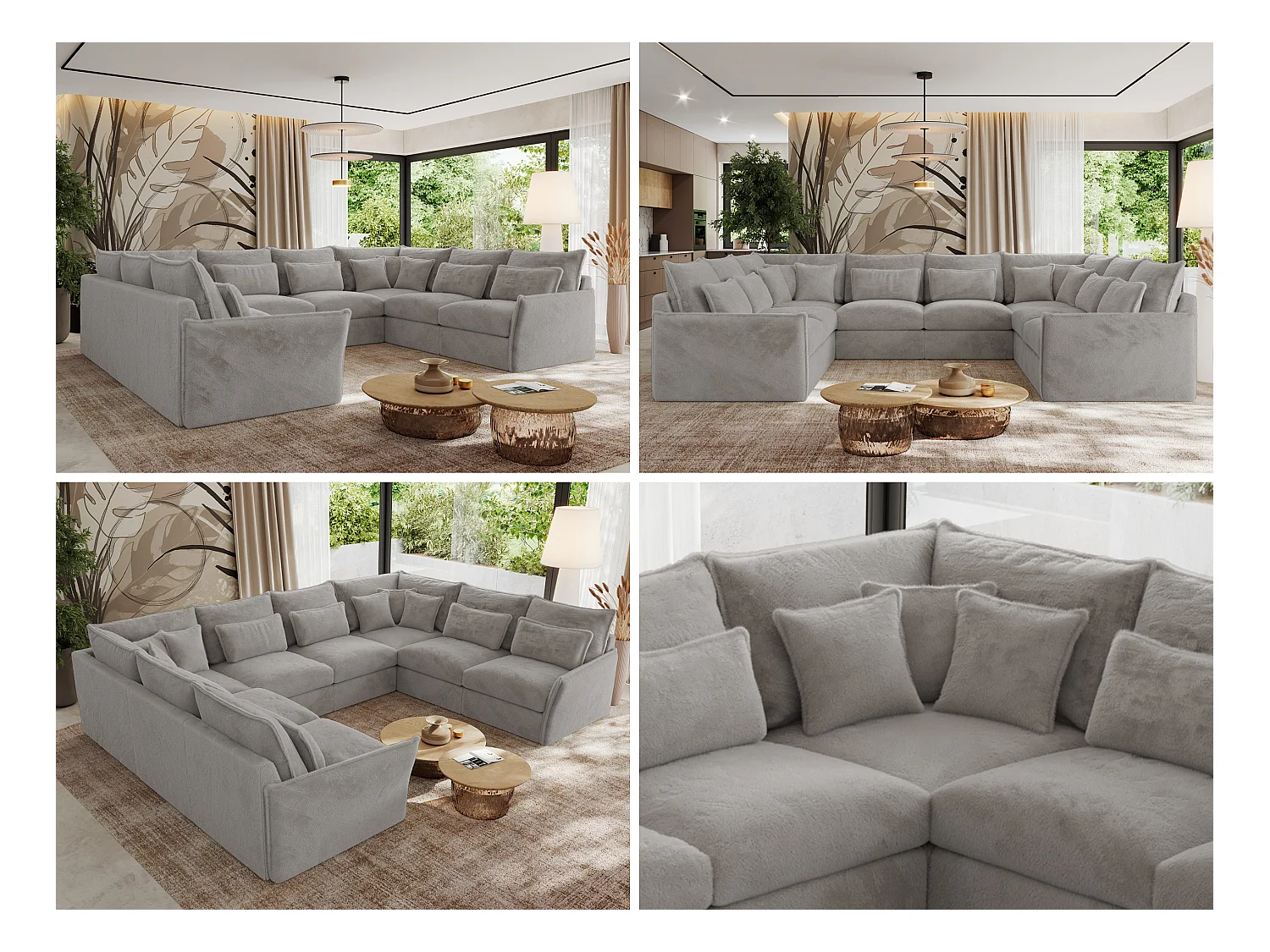 Ecksofa VERSO U8M - modulare U-förmige Ecke mit Armlehnen, Wohnlandschaft, Ecksofa XXL, lose Kissen - Hellgrau Plüsch